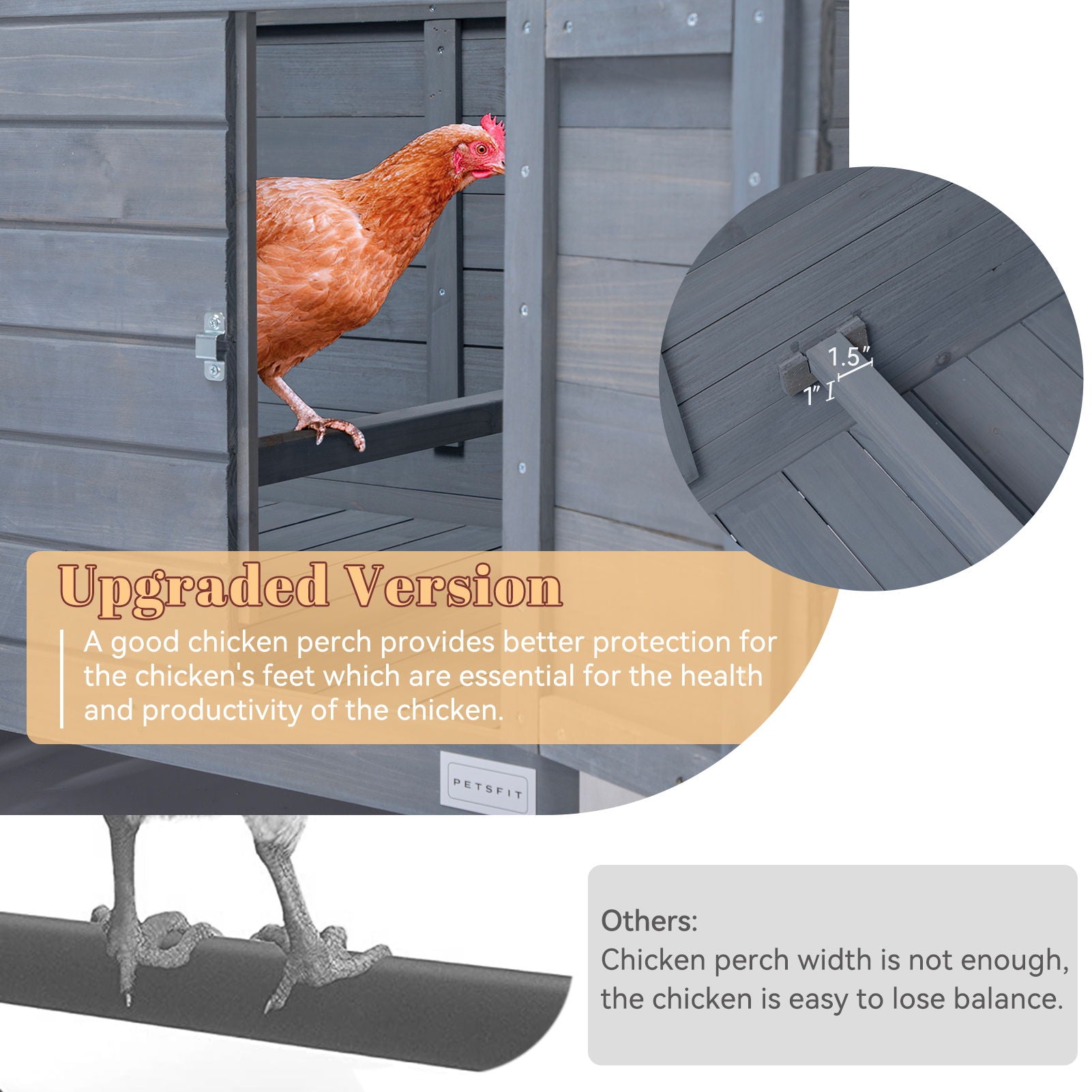 Large Wooden Chicken Coop With Perches And Nesting Box, Weatherproof Chicken / Rabbit / Duck House - Gray