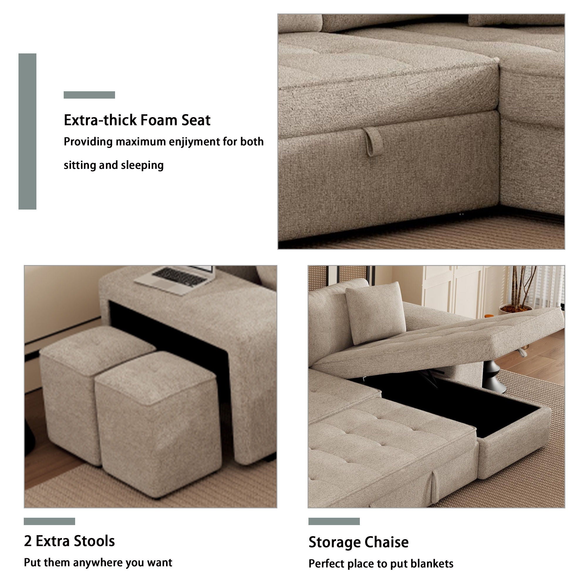 Modern L-Shape 3 Seat Reversible Sectional Couch, Pull Out Sleeper Sofa With Storage Chaise And 2 Stools For Living Room Furniture Set