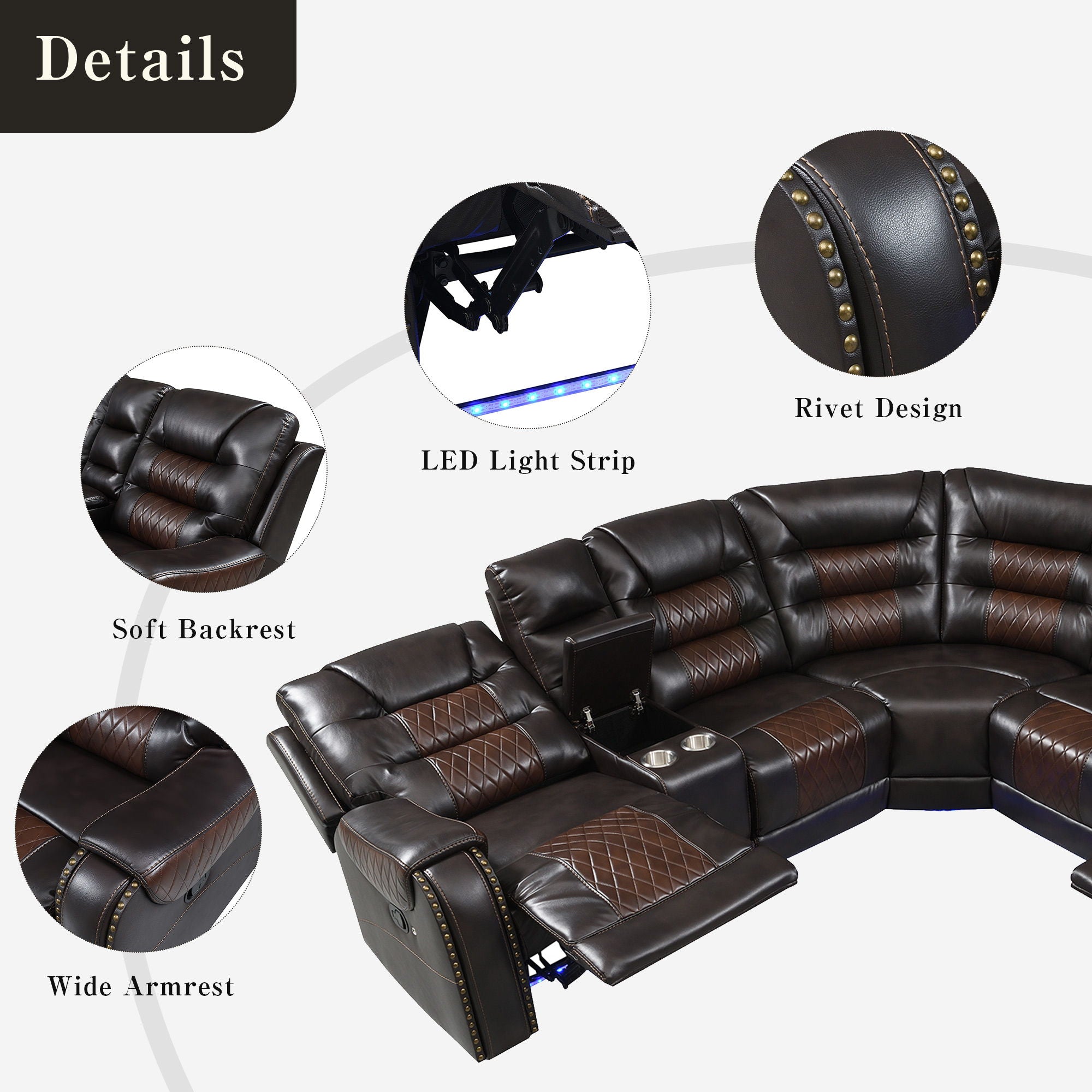 Manual Reclining Sectional Sofa Set L Shaped Symmetrical Motion Sofa Corner Couch Sets With Storage Boxes, 4 Cup Holders And Led Light Strip For Living Room - Brown