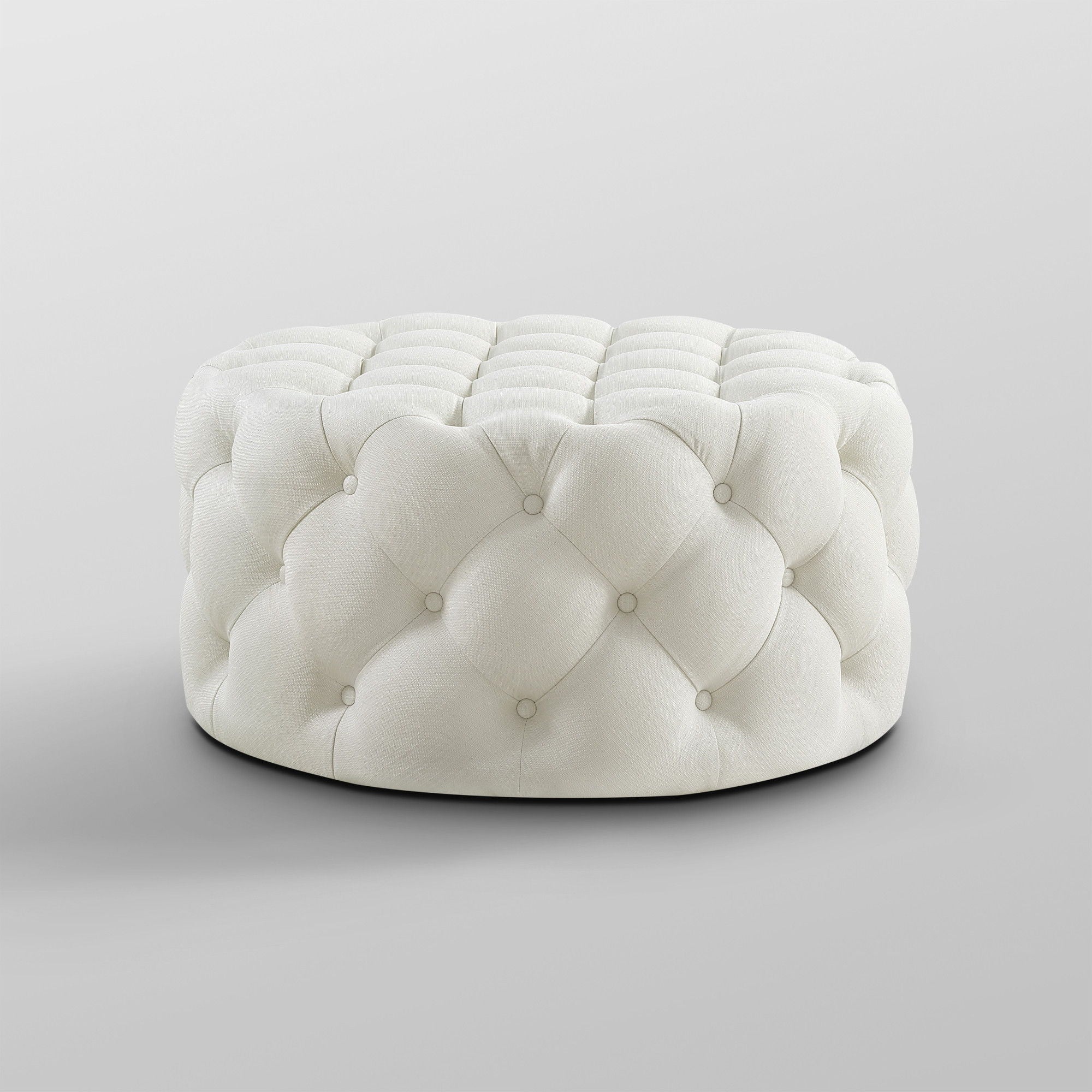 Linen Rolling Tufted Round Cocktail Ottoman - White