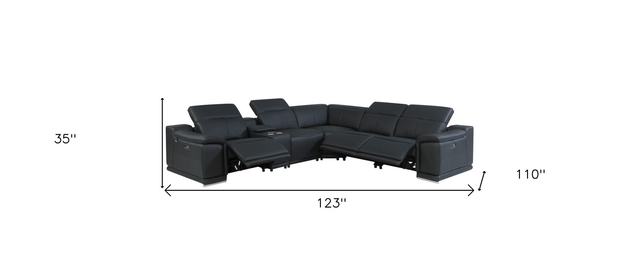 Italian Leather Power Reclining U Shaped Six Piece Corner Sectional With Console - Black