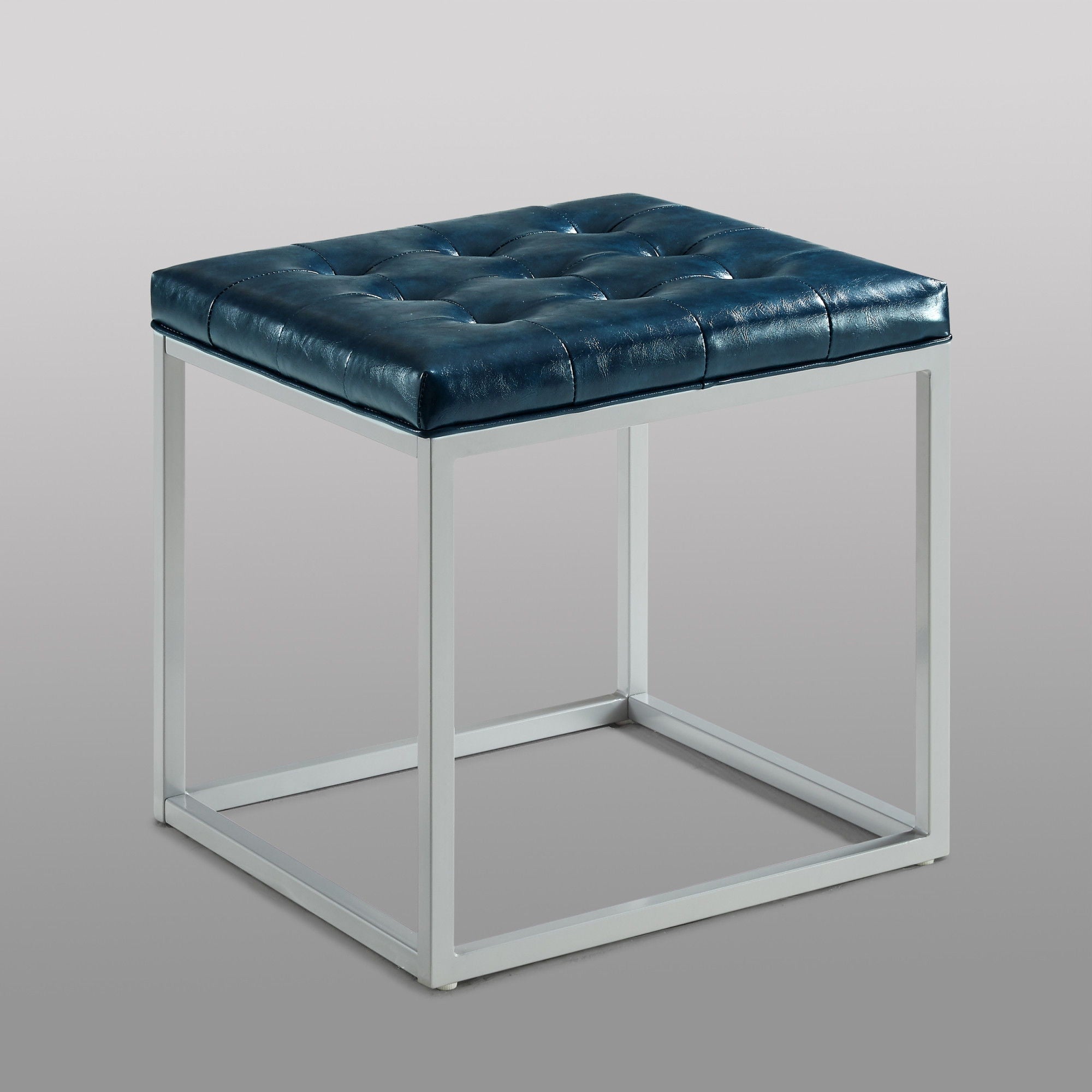 Faux Leather Cube Ottoman - Blue / Gray