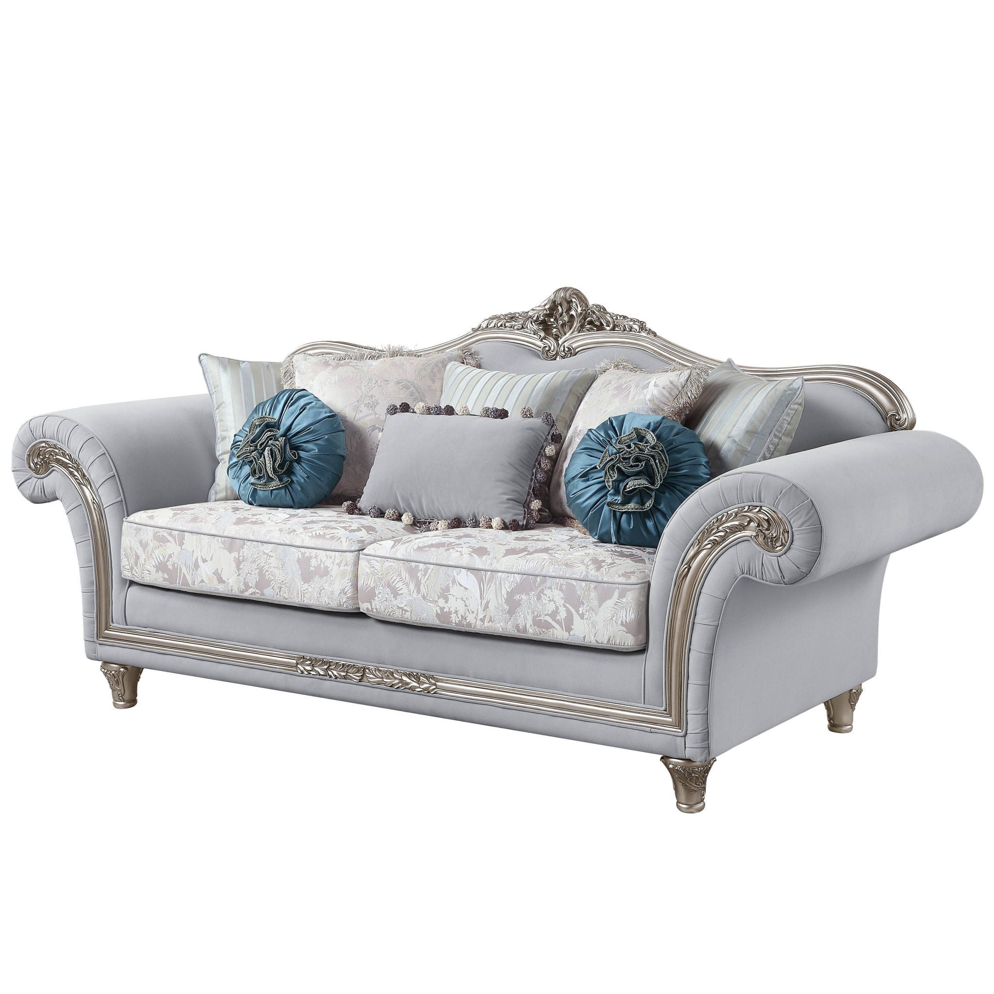 Linen Sofa And Toss Pillows With Platinum Legs - Light Gray