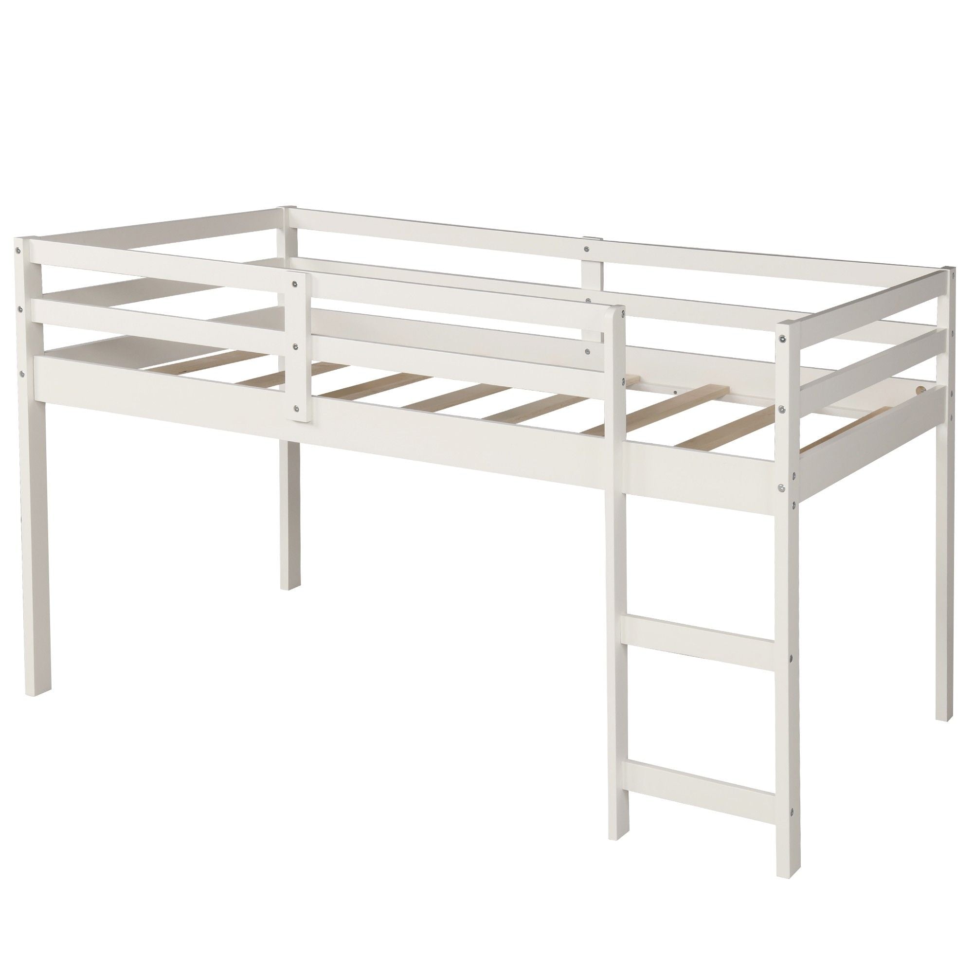 Low Twin Loft Bed With Cabinet and Desk - White