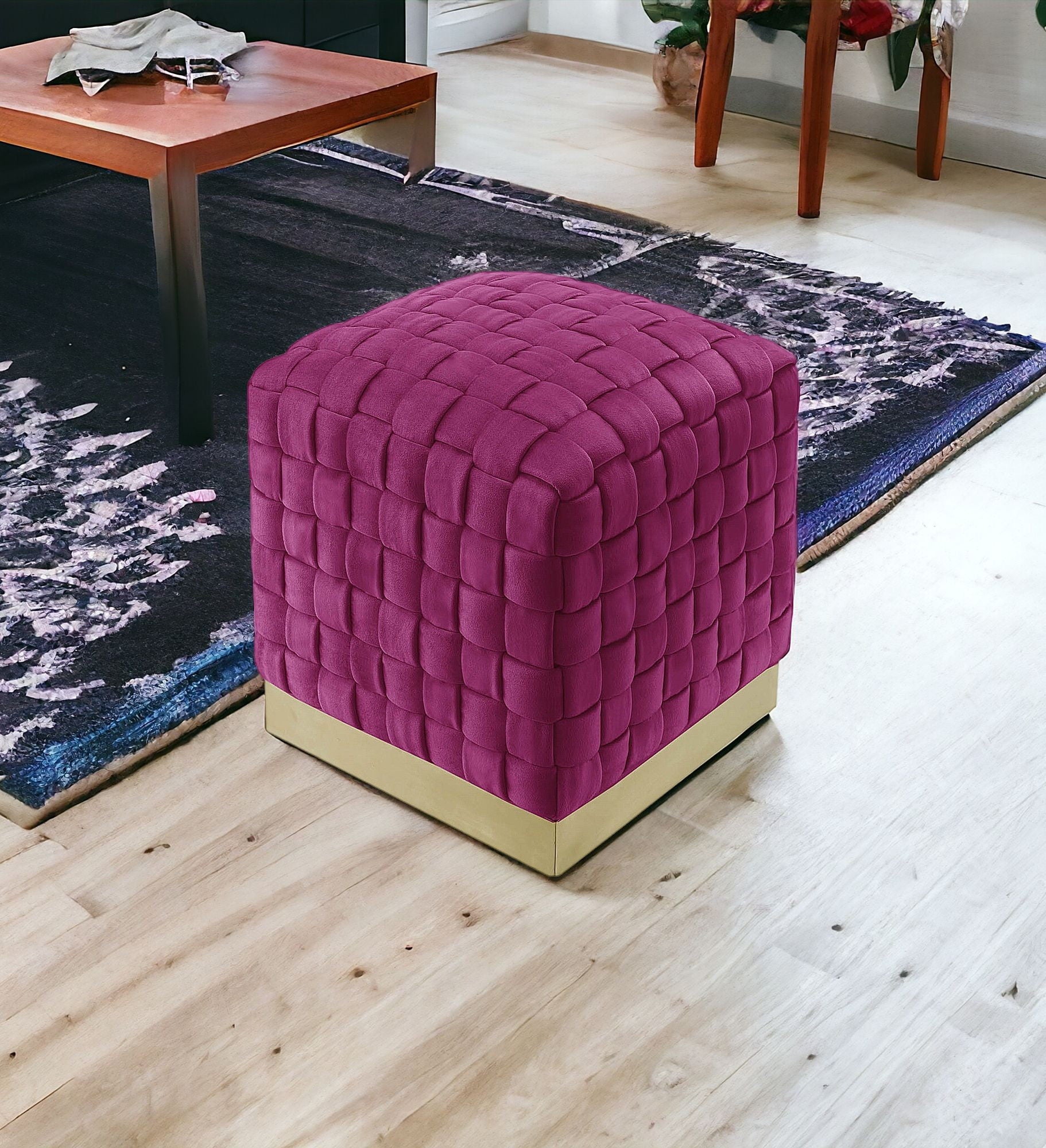 Velvet Ottoman - Fuchsia / Gold