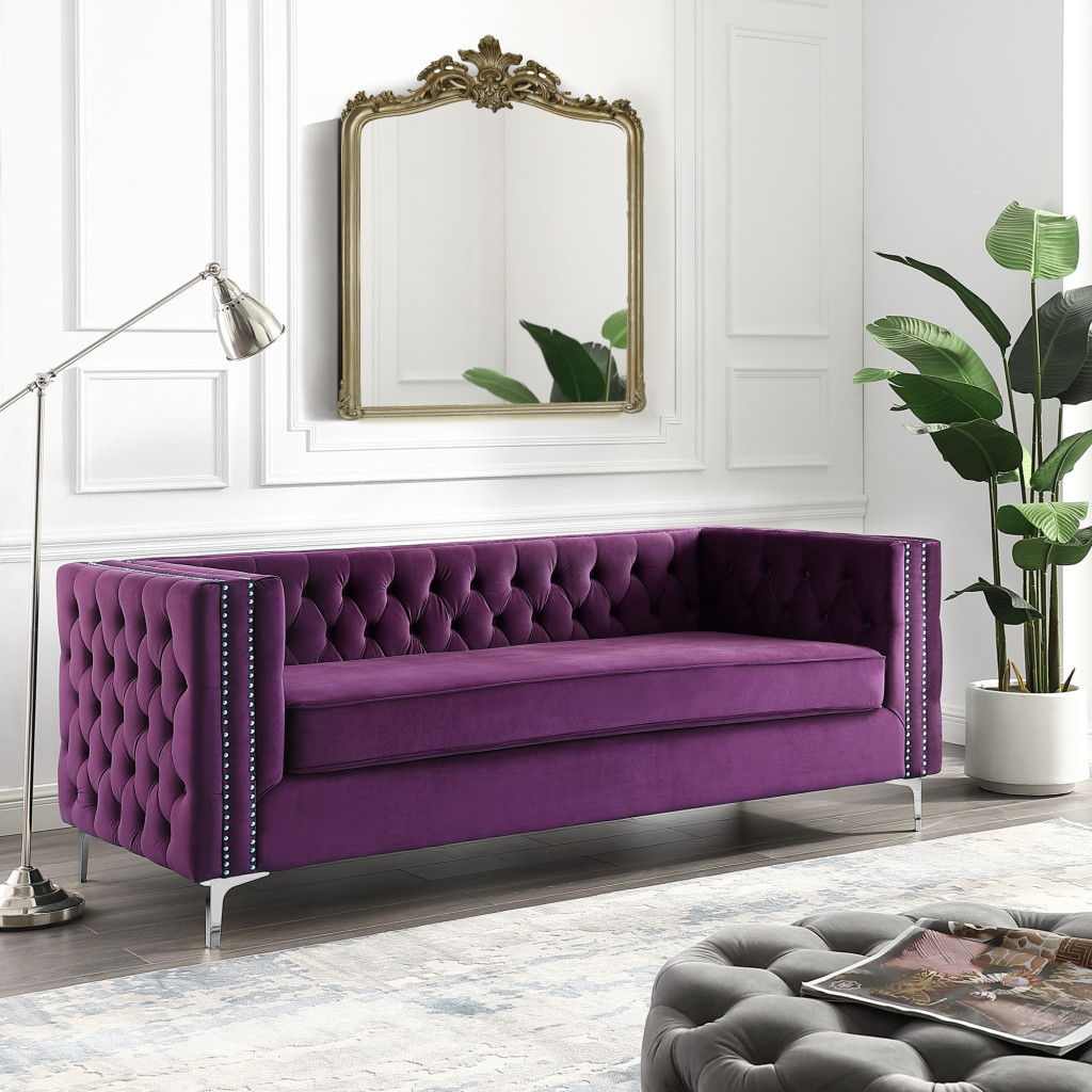 Velvet Sofa With Silver Legs - Purple