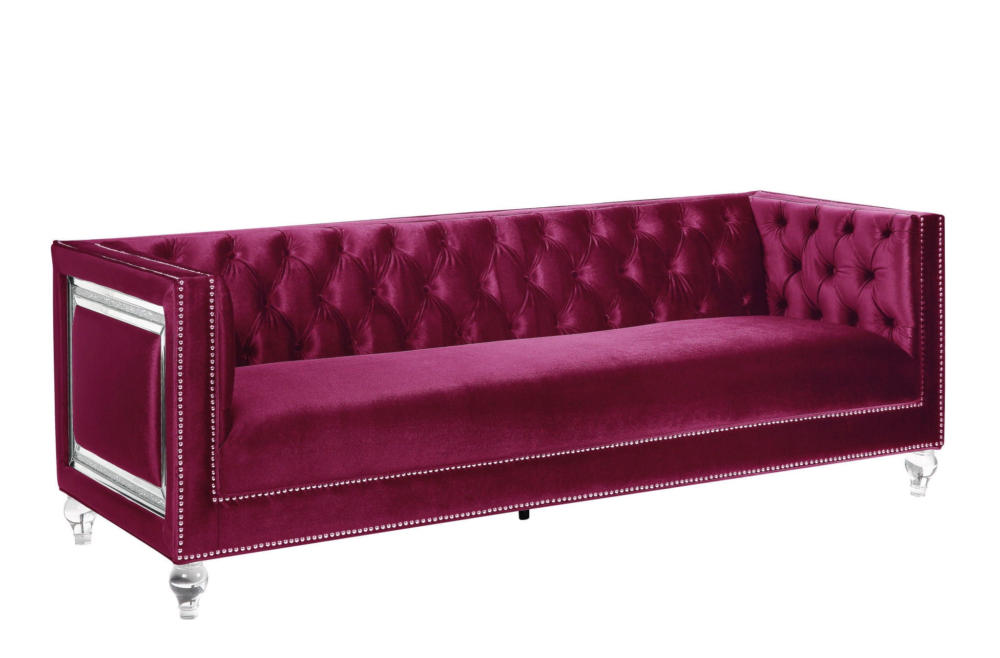 Velvet Sofa And Toss Pillows With Clear Legs - Burgundy