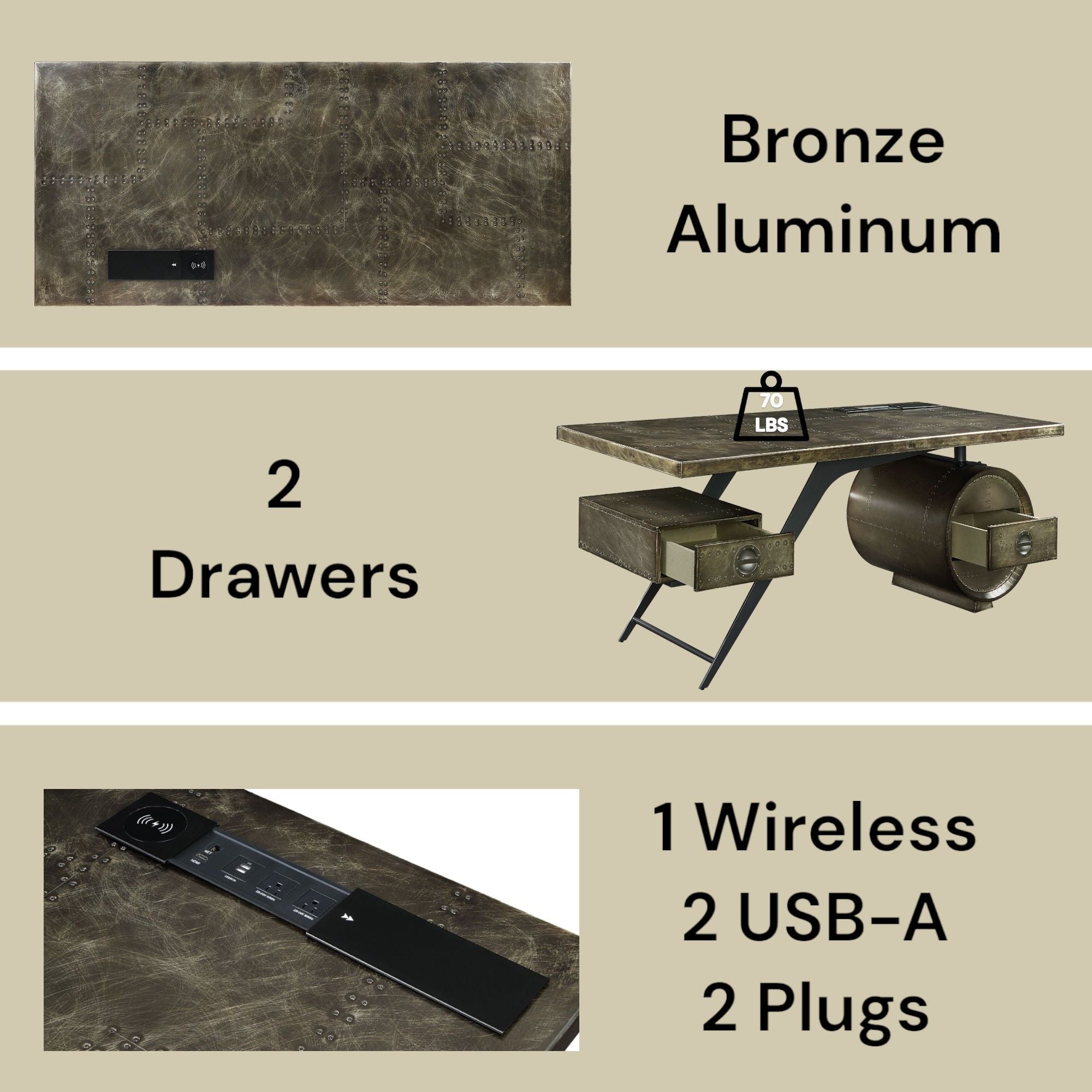 Brancaster - Writing Desk With USB Port - Bronze