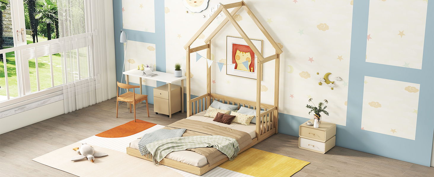 House-Shaped Roof Headboard Floor Bed, (Without Slats)