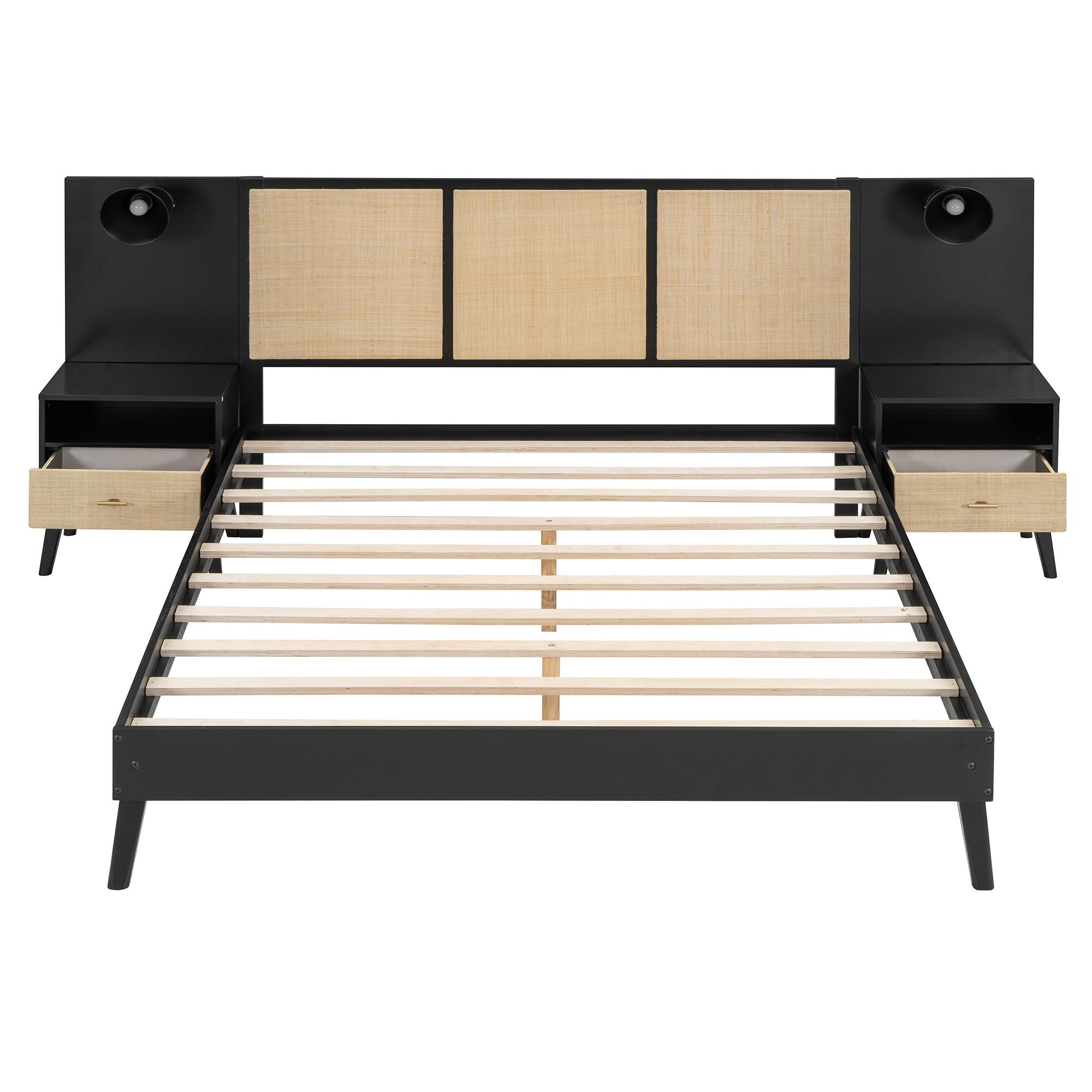 Solid Wood Bed Frame With 2 Nightstands, Elegant Design With Lamps, Rattan And Wood Combination