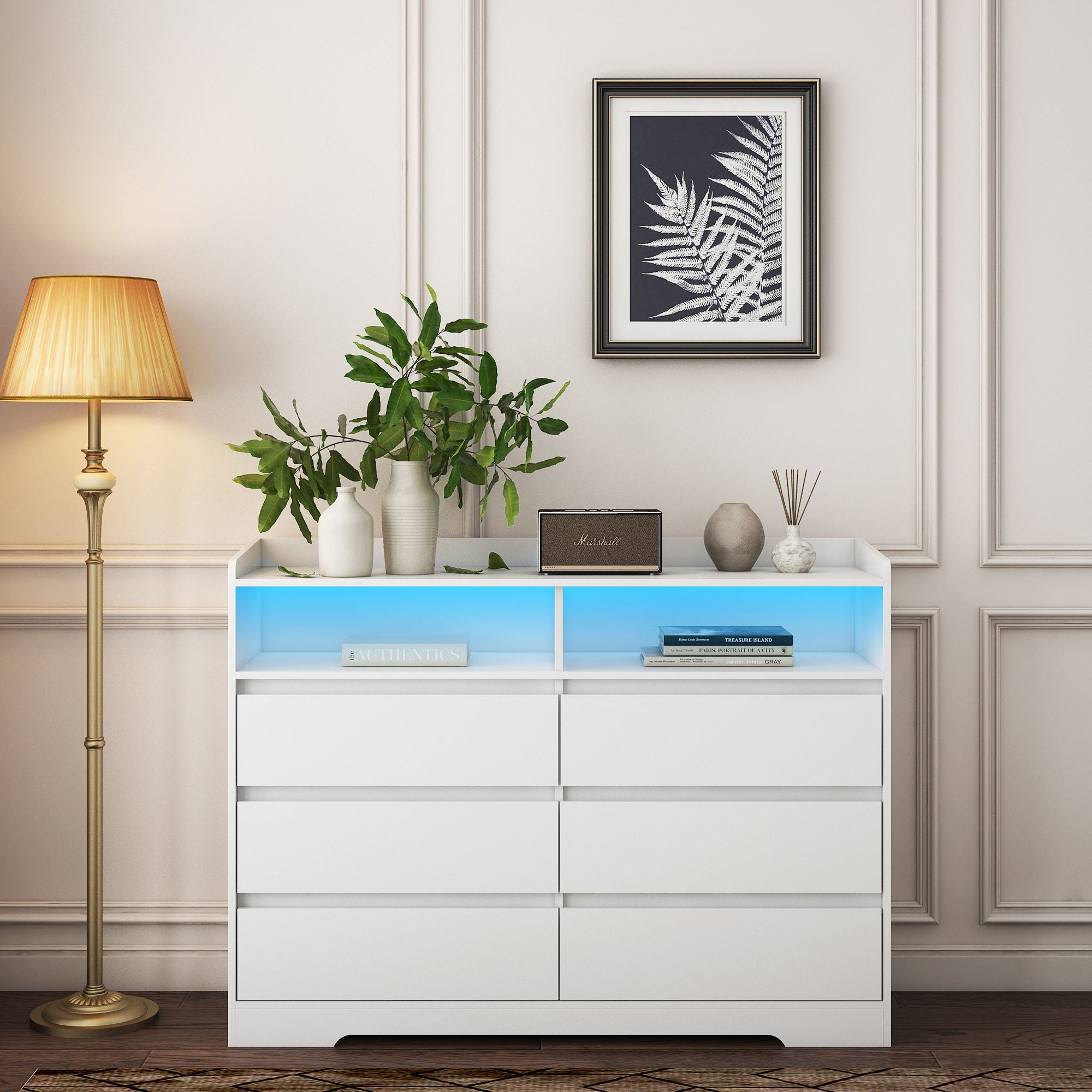 6 Drawer Dresser For Bedroom With LED Lights, Sturdy Frame - White