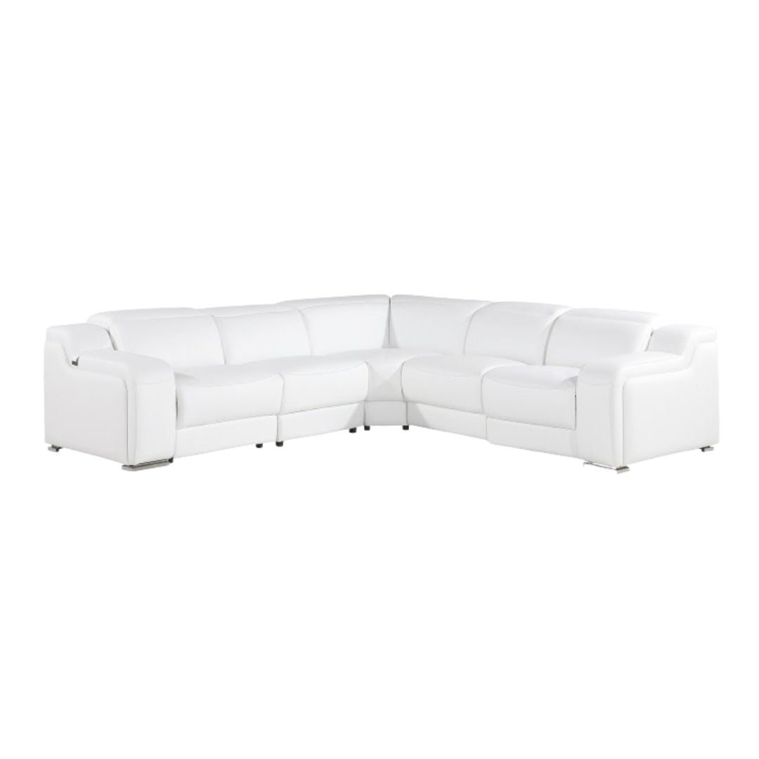 Italian Leather Power Reclining Five Piece L Shaped Corner Sectional - White