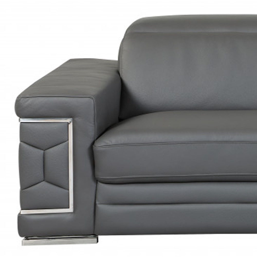 Sofa Italian Leather With Silver Legs - Gray