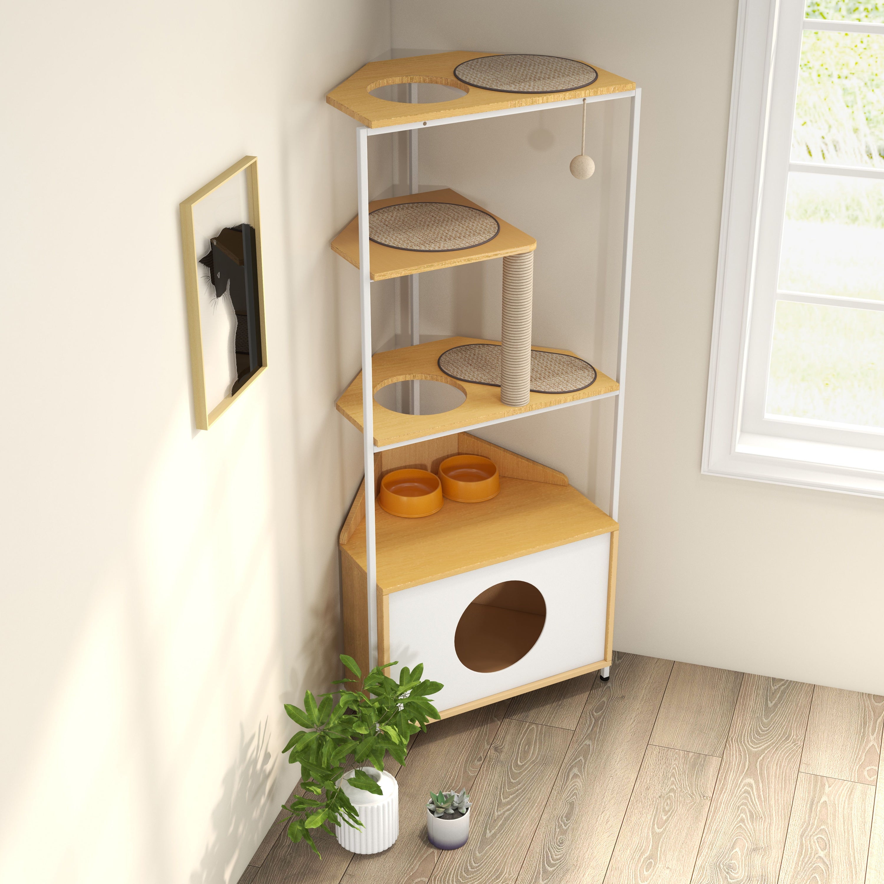 Corner Cat Tower, Cat Tree With Scratching Post, Cat Condo With Feeding Station And Climbing Platforms, Pet Furniture For Indoor Cats - White / Light Oak