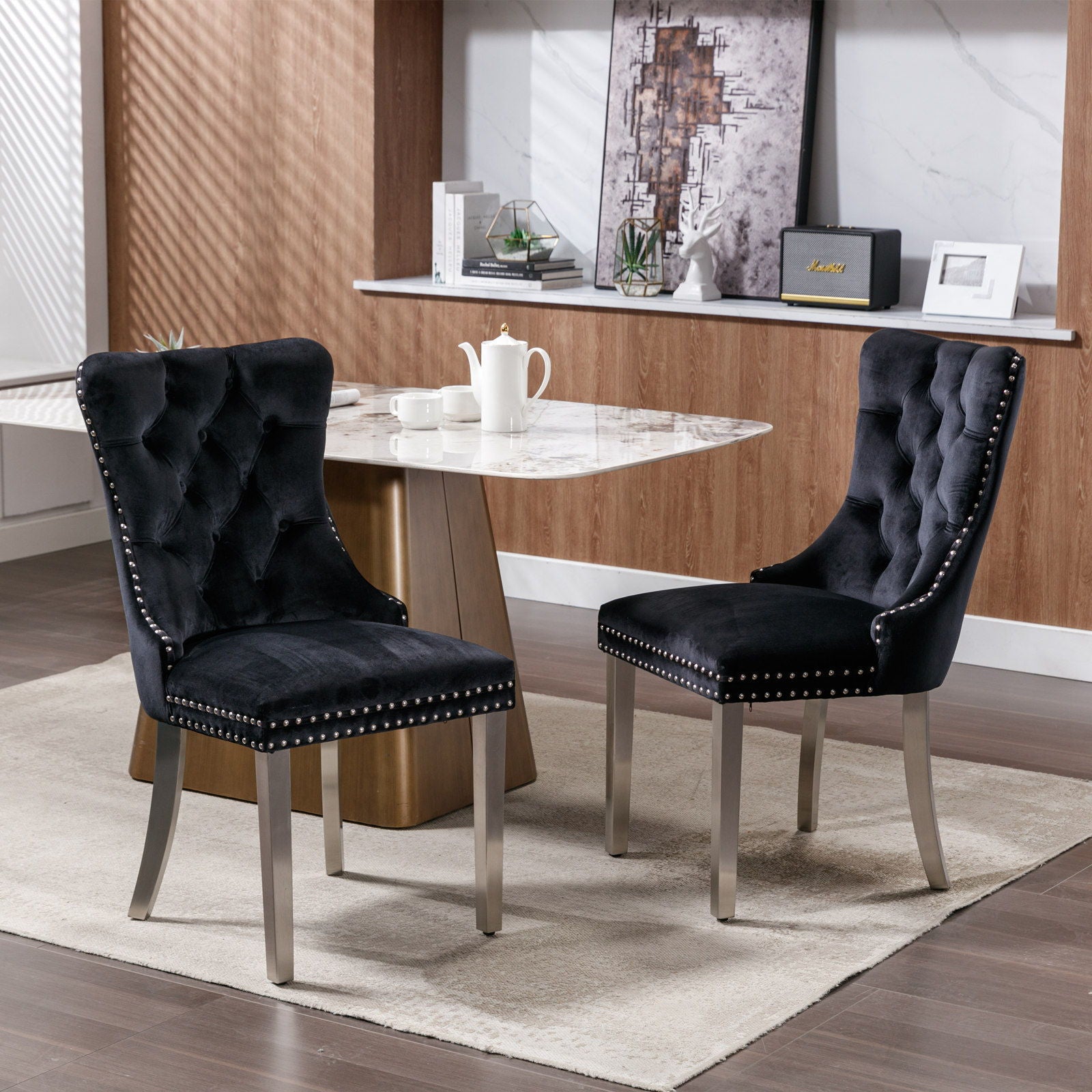 Nikki - Modern, High-End Tufted Solid Wood Contemporary Velvet Upholstered Dining Chair With Chrome Stainless Steel Plating Legs, Nailhead Trim (Set of 2)