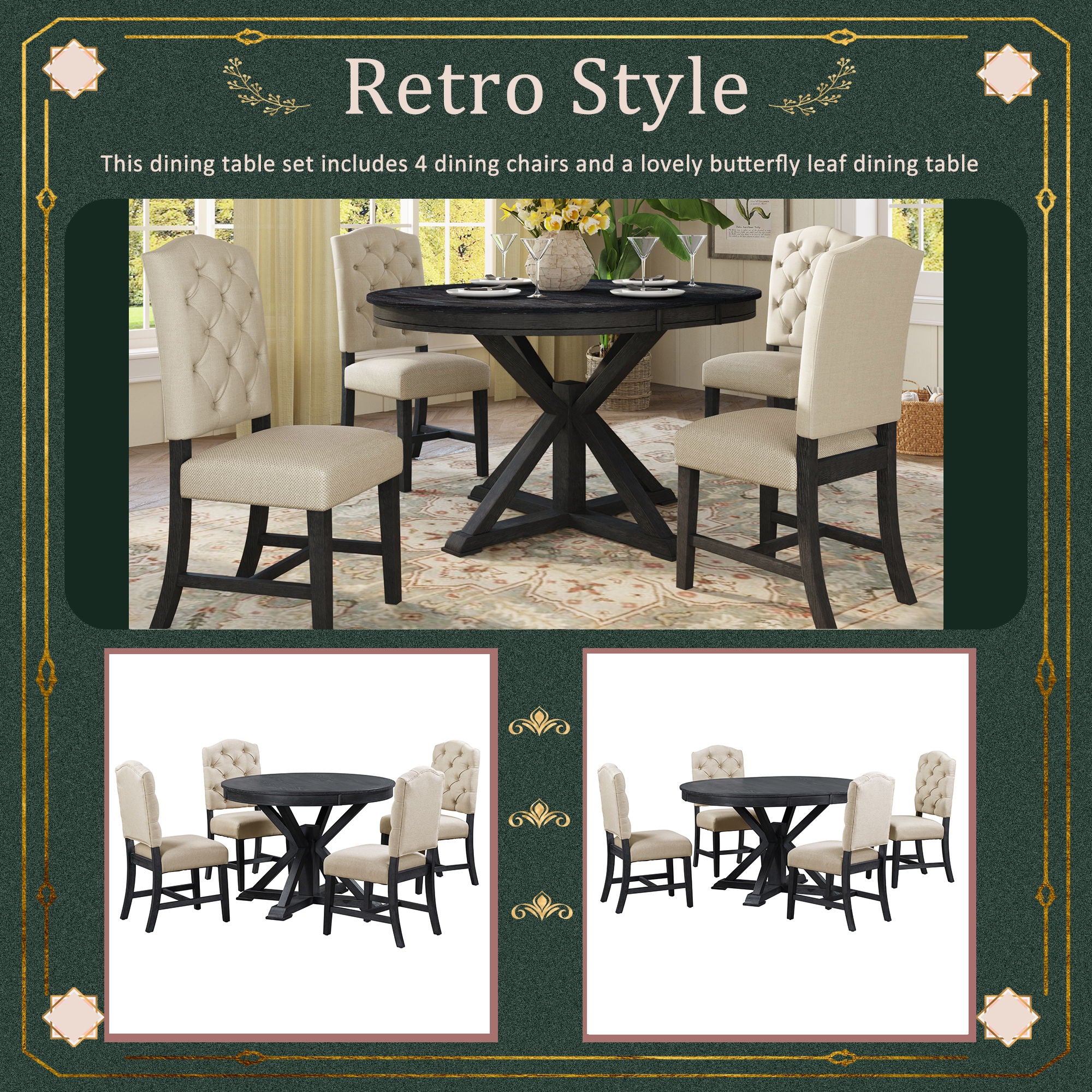 Functional Furniture Retro Style Dining Table Set With Extendable Table And 4 Upholstered Chairs For Dining Room And Living Room