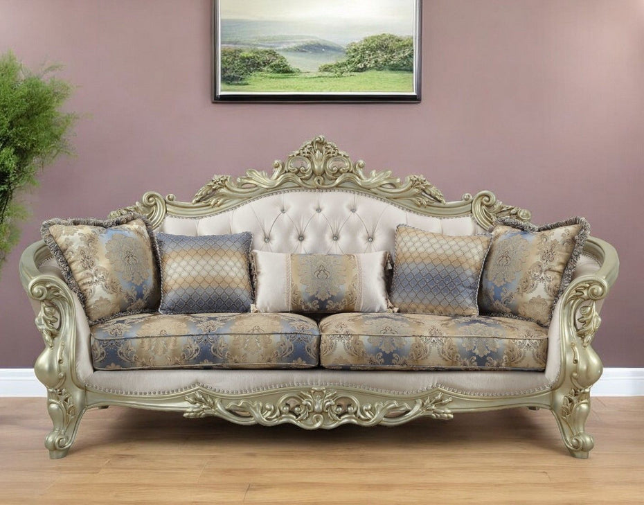 Velvet Curved Floral Sofa And Toss Pillows With Champagne Legs - Antiqued White