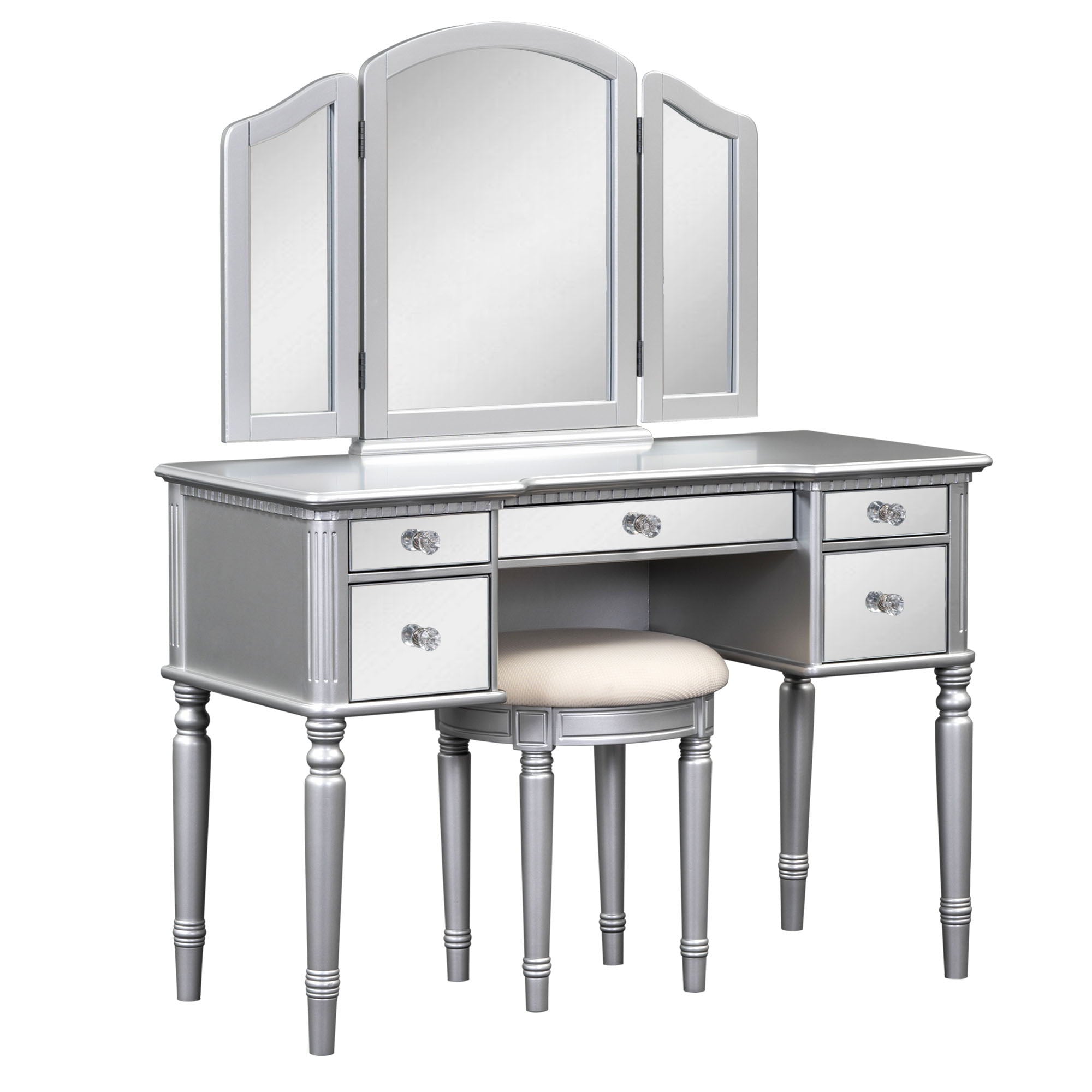 Dressing Table Set With Mirrored Drawers And Stool, Tri-Fold Mirror, Makeup Vanity Set For Bedroom