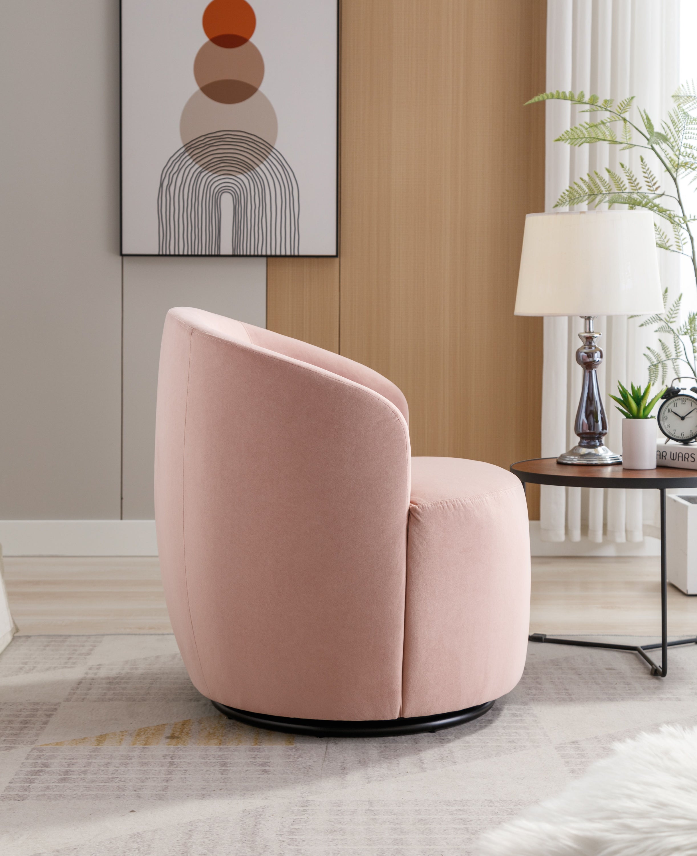 Velvet Fabric Swivel Accent Armchair Barrel Chair With Powder Coating Metal Ring