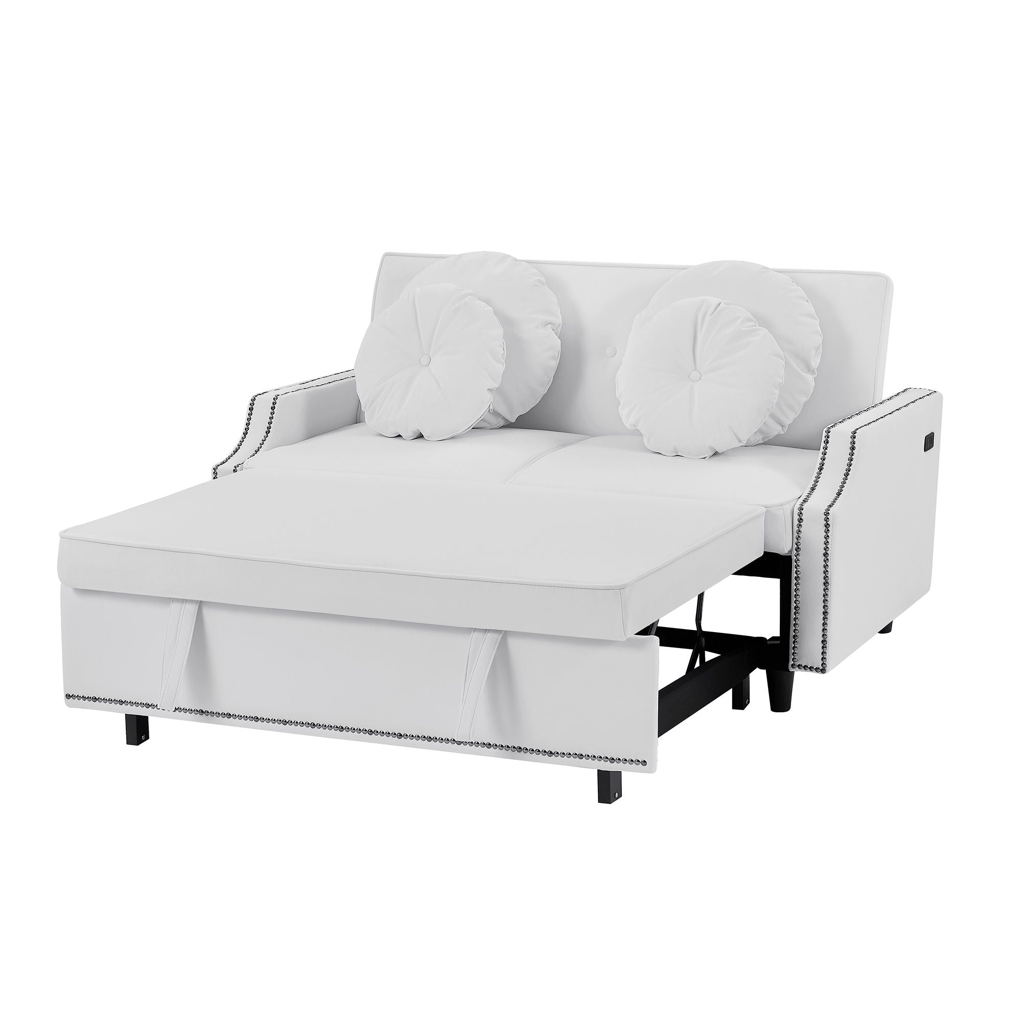 Multiple Adjustable Positions Sofa Bed Stylish Sofa Bed With A Button Tufted Backrest, Two USB Ports And Four Floral Lumbar Pillows For Living Room, Bedroom, Or Small Space