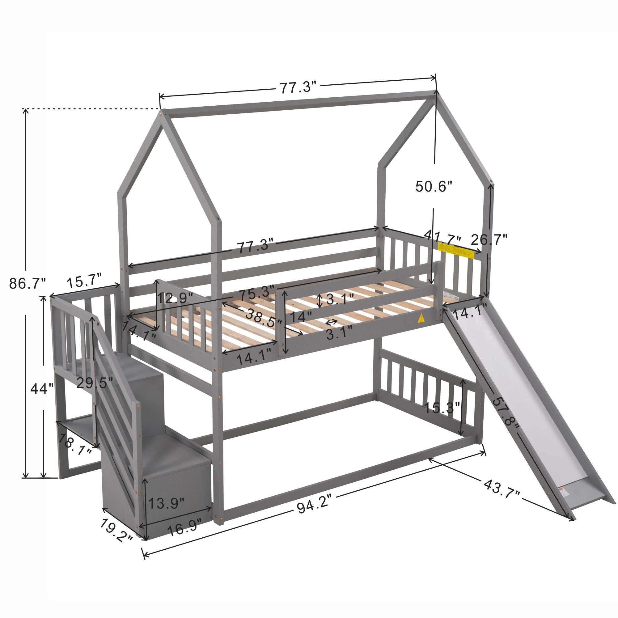 Twin Over Twin House Bunk Bed With Convertible Slide, Storage Staircase