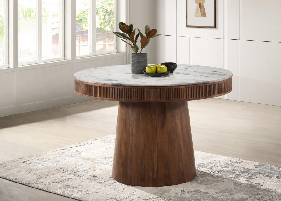 Ortega - Round Marble Top Wood Dining Table - Natural by CoasterElevations | Bel Furniture