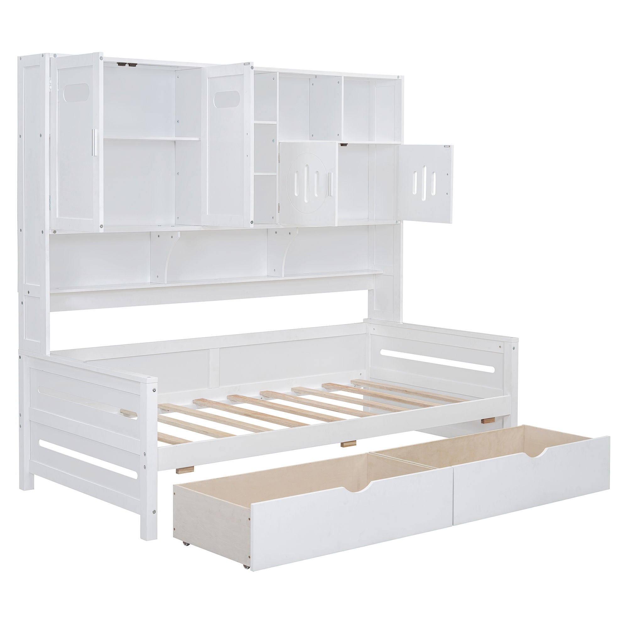 Wooden Daybed With 2 Drawers, And All-In-One Cabinet And Shelf