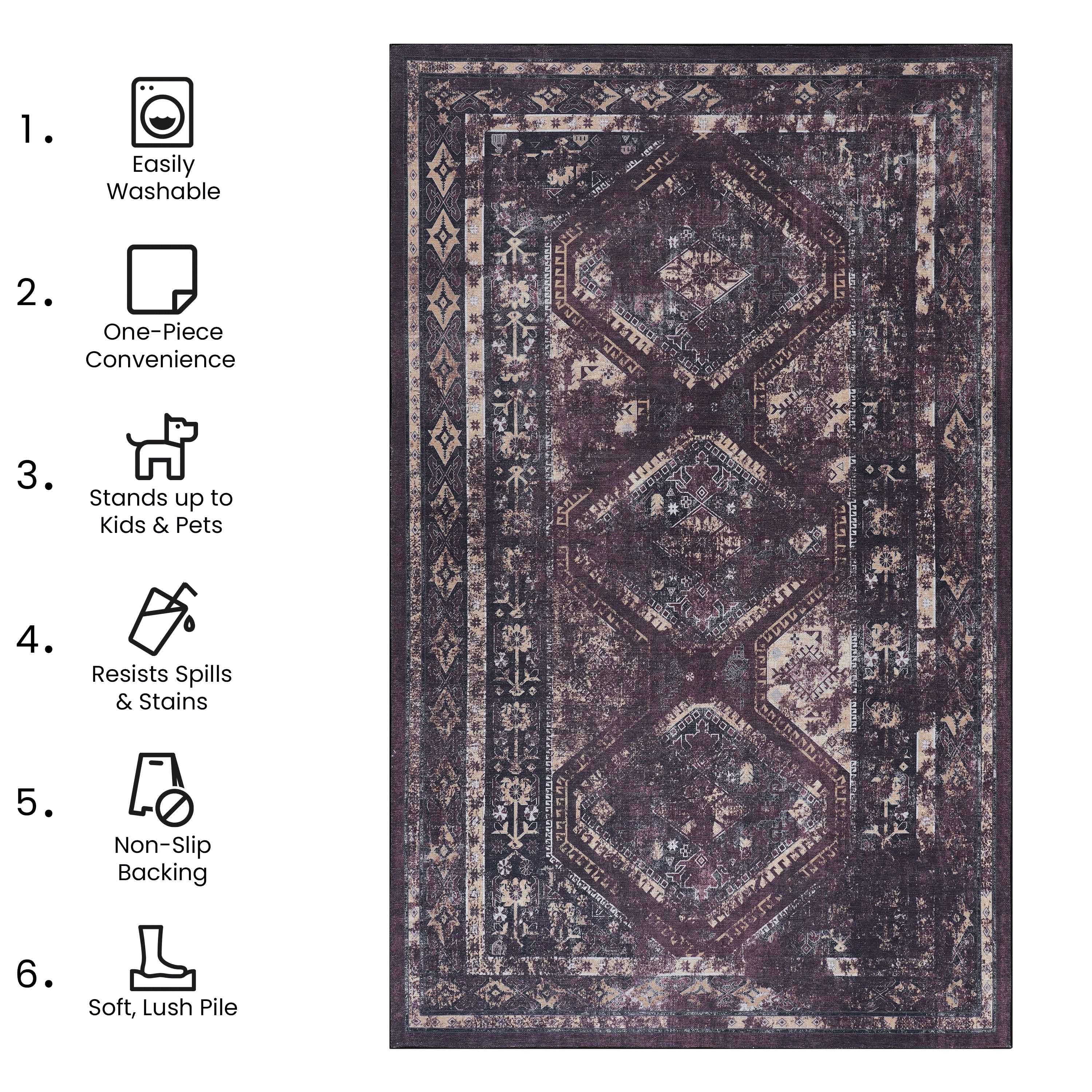 2' x 3' Machine Washable Area Rugs, Low-Pile, Non-Slip, Non-Shedding, Foldable, Kid & Pet Friendly - Black / Burgundy