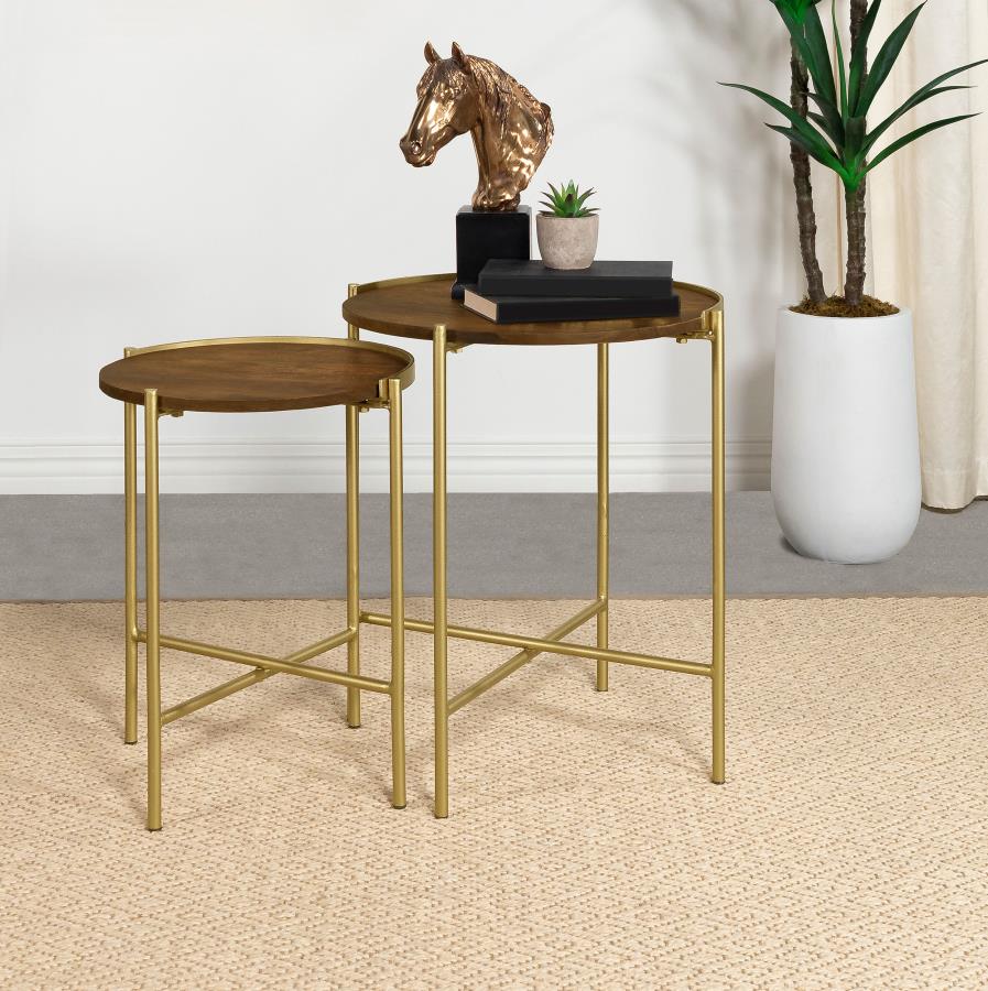 Malka - 2 Piece Round Wood Nesting Table - Dark Brown And Gold