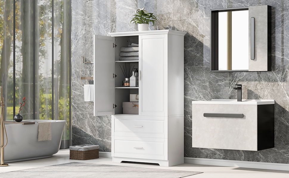 Tall Bathroom Storage Cabinet, With Two Doors And Drawers, Adjustable Shelf, MDF Board - White