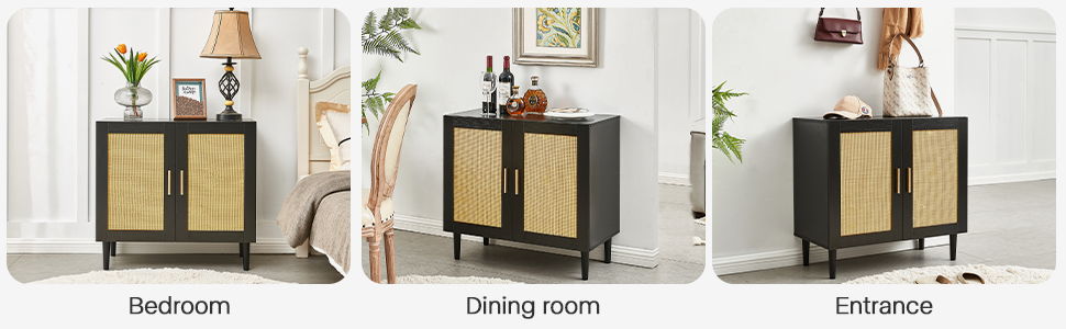 Side Panel Buffet Cabinet With Natural Rattan Door, Rattan Storage Cabinet With Adjustable Shelves, Side Panel And Buffet With Storage Space, Modern Console Cabinet In Bedroom And Living Room - Black / Beige