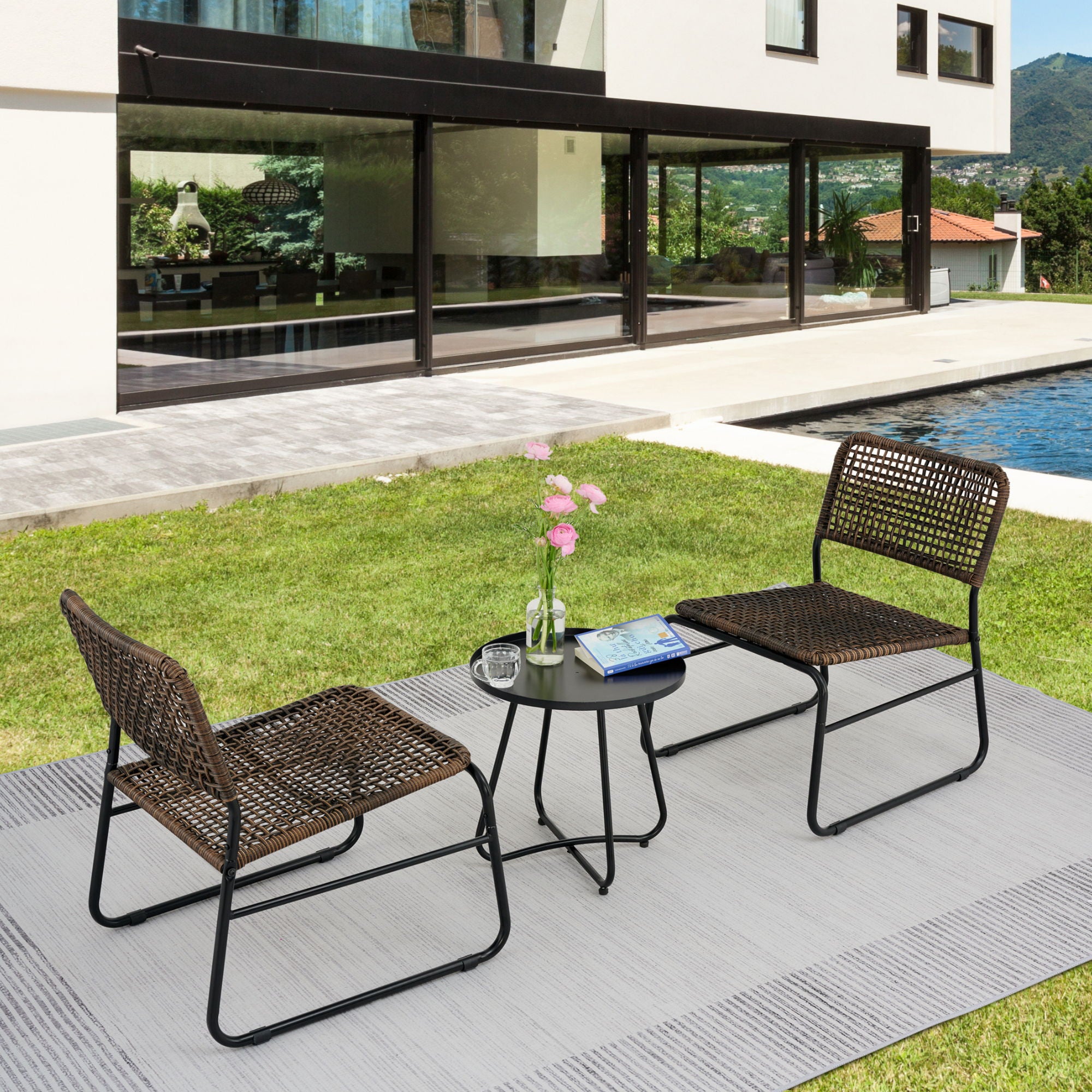 Patio Furniture Set 3 Piece Mixture Pattern PE Rattan Steel Frame And Modern Round Table - Brown / Black