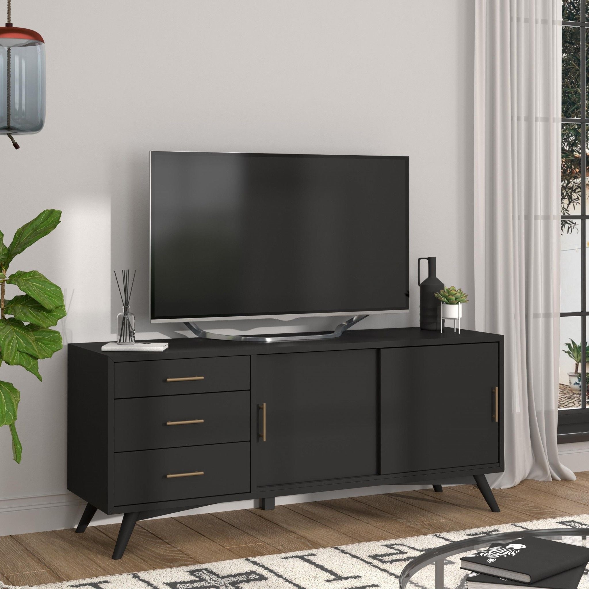 Mahogany Solids Okoume And Veneer Open Shelving TV Stand - Black