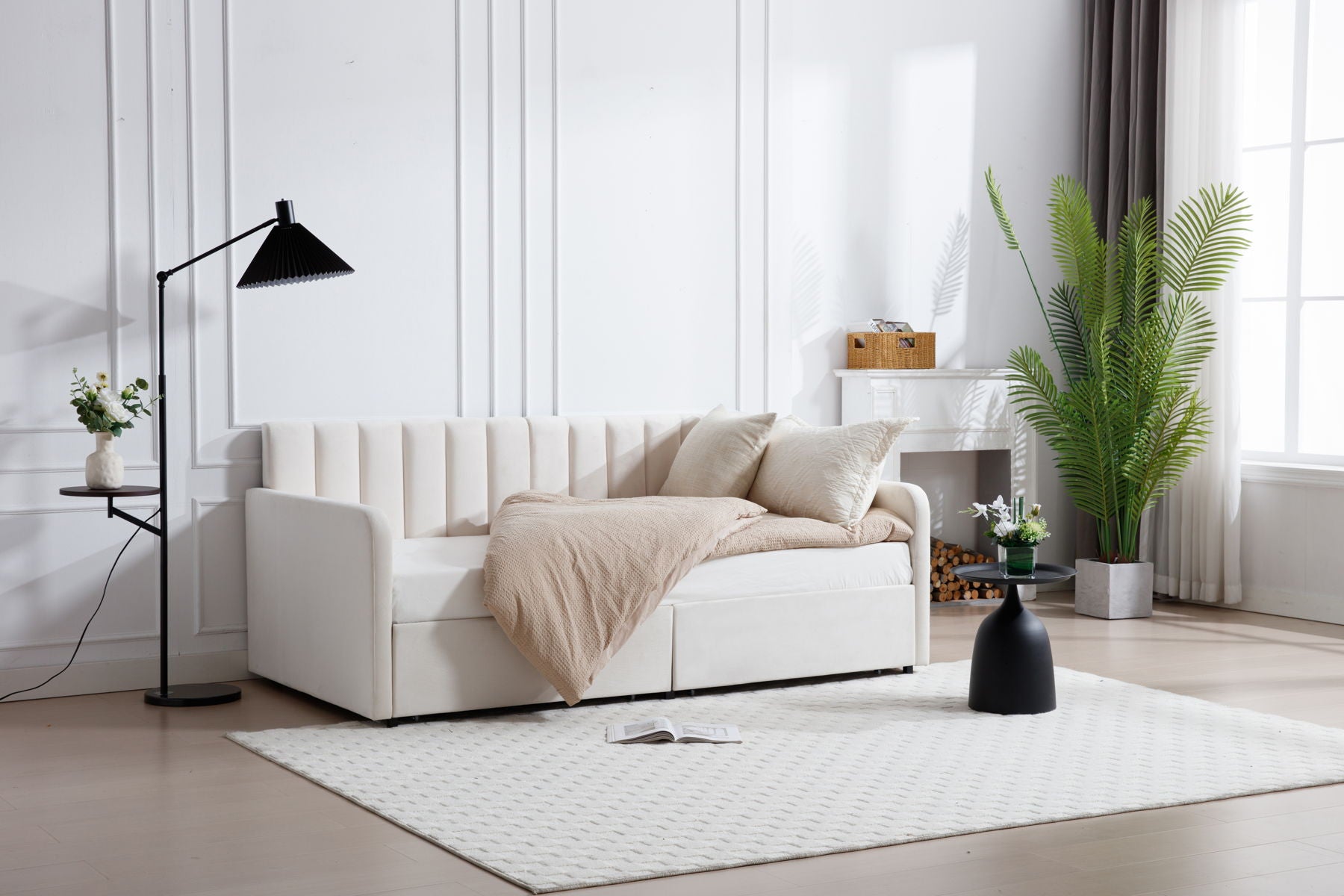 Flora - Upholstered Daybed With 2 Drawers Ribbed Tufted Backrest in Lavish Modern Design