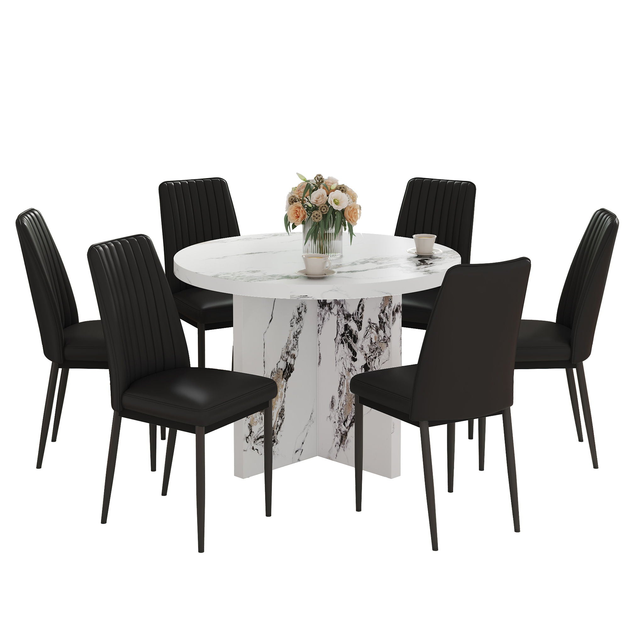 7 Piece Round Dining Table Set, Modern Round Table And 6 Upholstered Chairs For Dining Room, Kitchen Room, Living Room - White / Black