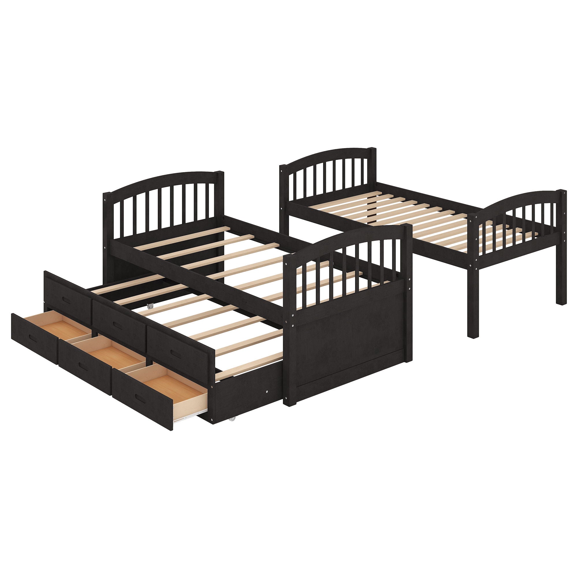 Twin Over Twin Wood Bunk Bed With Trundle And Drawers - Espresso