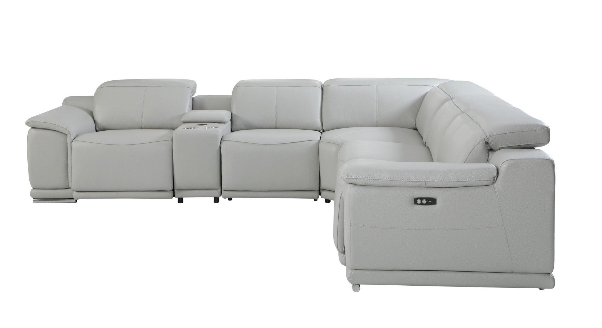 Italian Leather Power Reclining U Shaped Six Piece Corner Sectional With Console - Light Gray