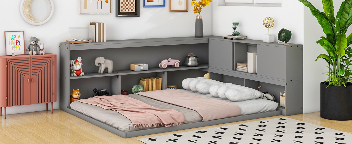 Floor Bed With L-Shaped Bookcases, Sliding Doors, Without Slats