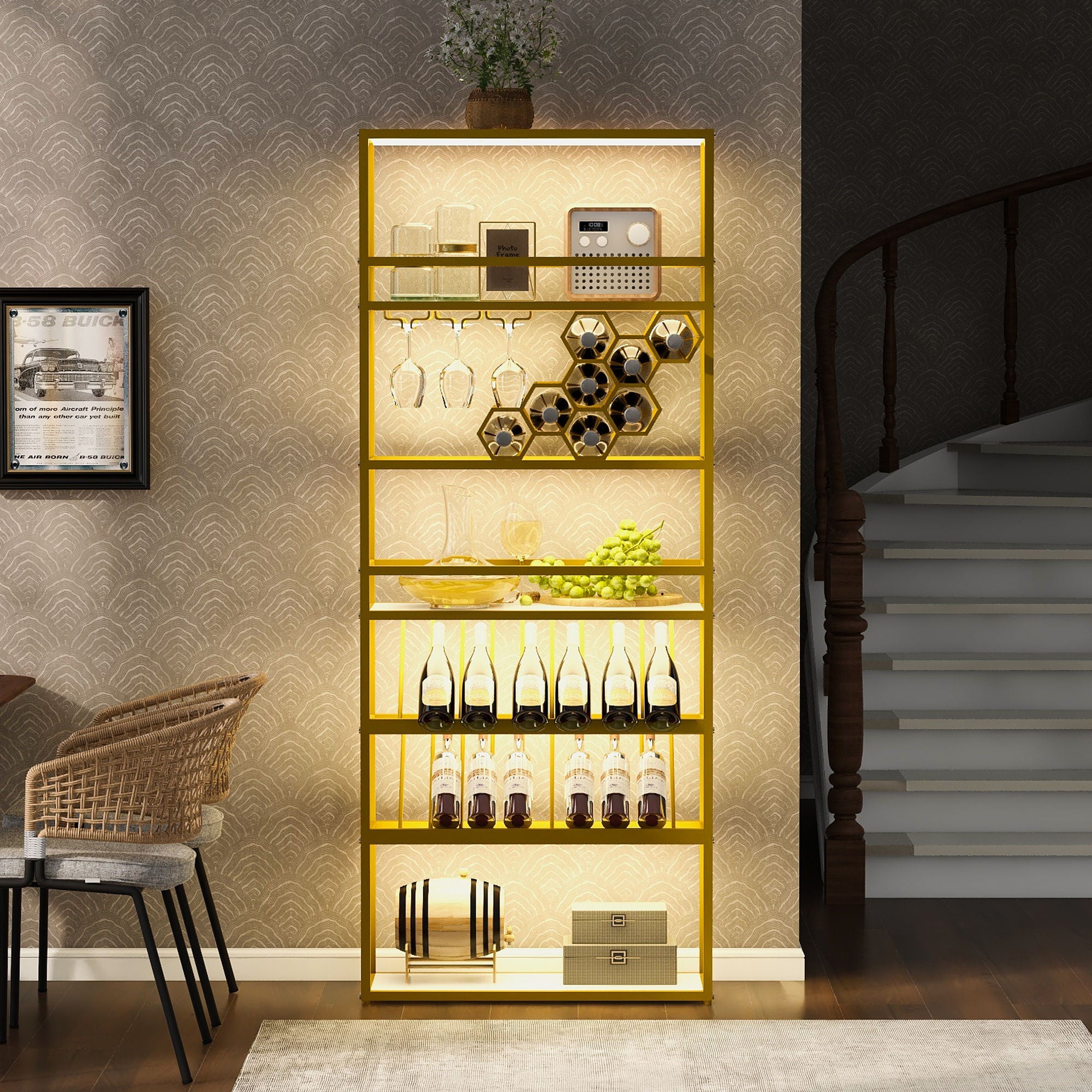 LED Tall Wine Rack Freestanding Floor, 7 Tier Wine Baker Rack With Glass Holder & Wine Storage, Industrial Wine Display Shelf Wine Bar Cabinet For Bar, Kitchen, Dining Room