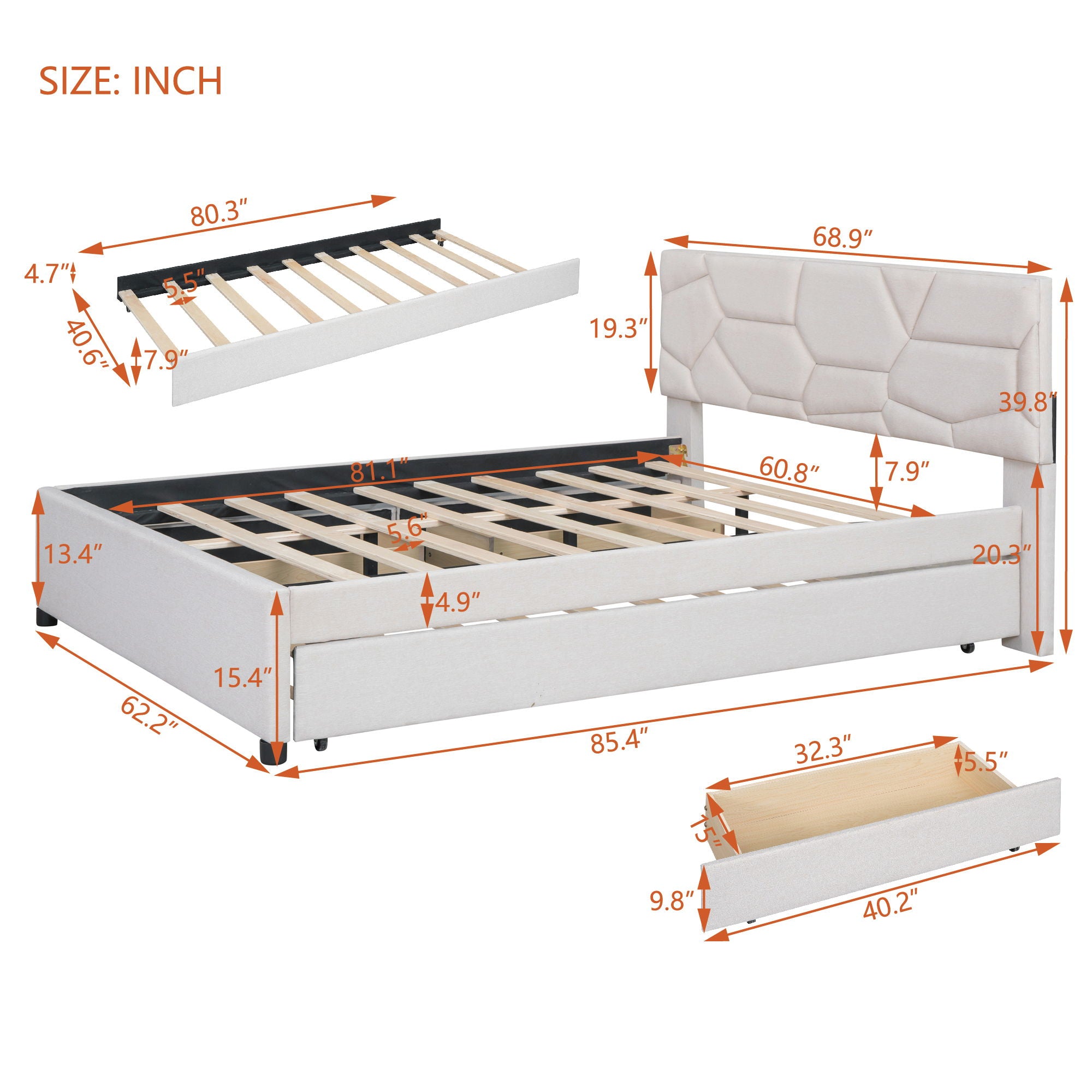 Upholstered Platform Bed With Brick Pattern Headboard And Twin Long Size Trundle