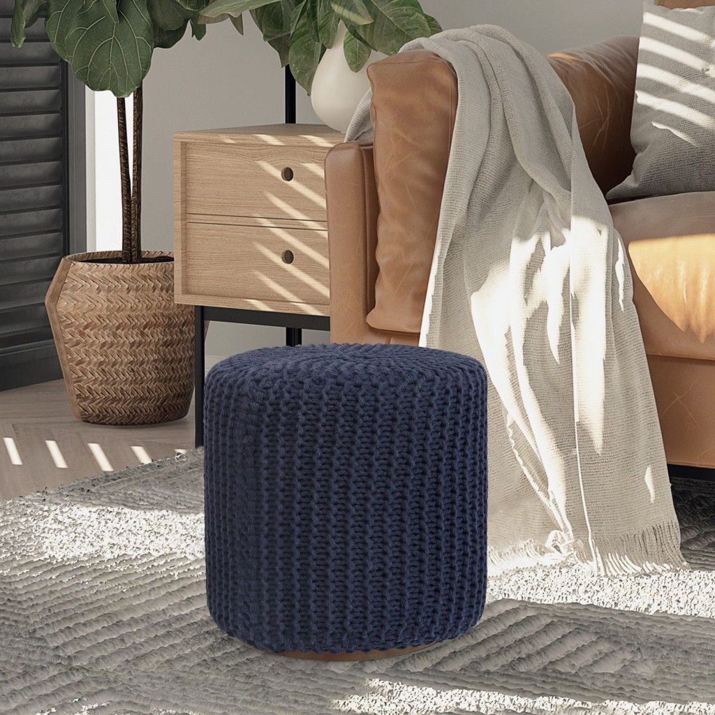 Cotton Blend Round Pouf Ottoman - Navy Blue