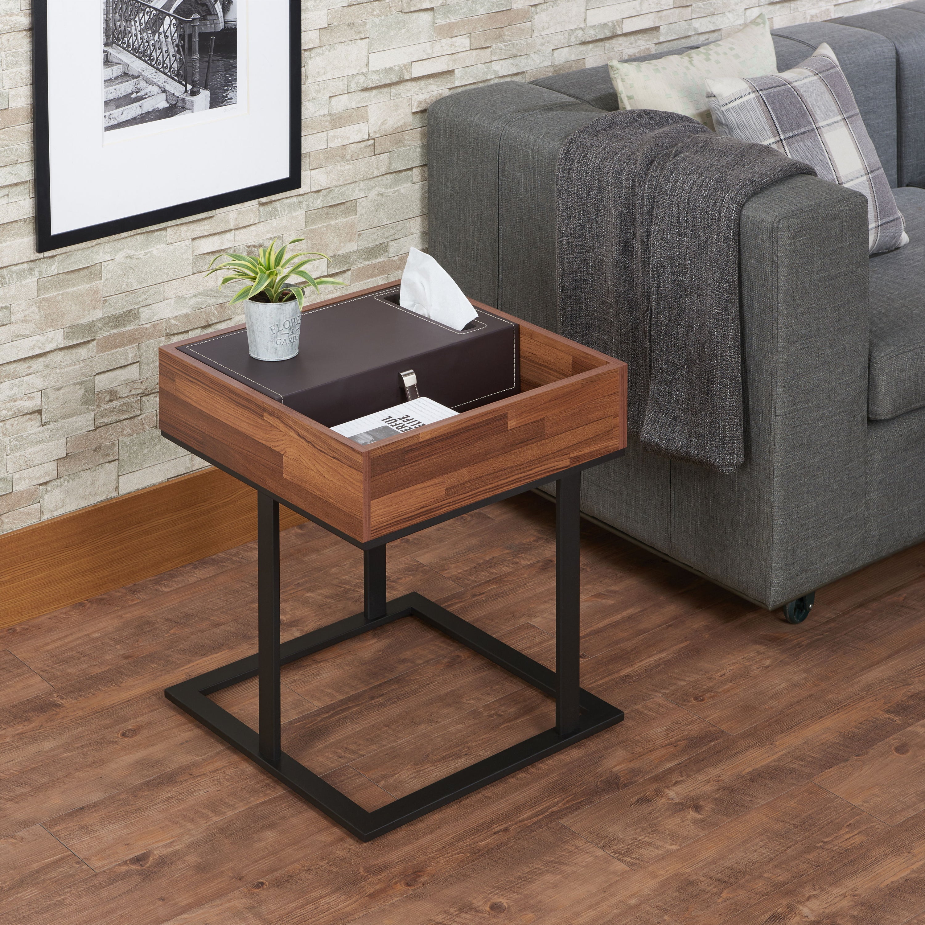 Sara II - Accent Table With Espresso PU Decor - Walnut / Sandy Black