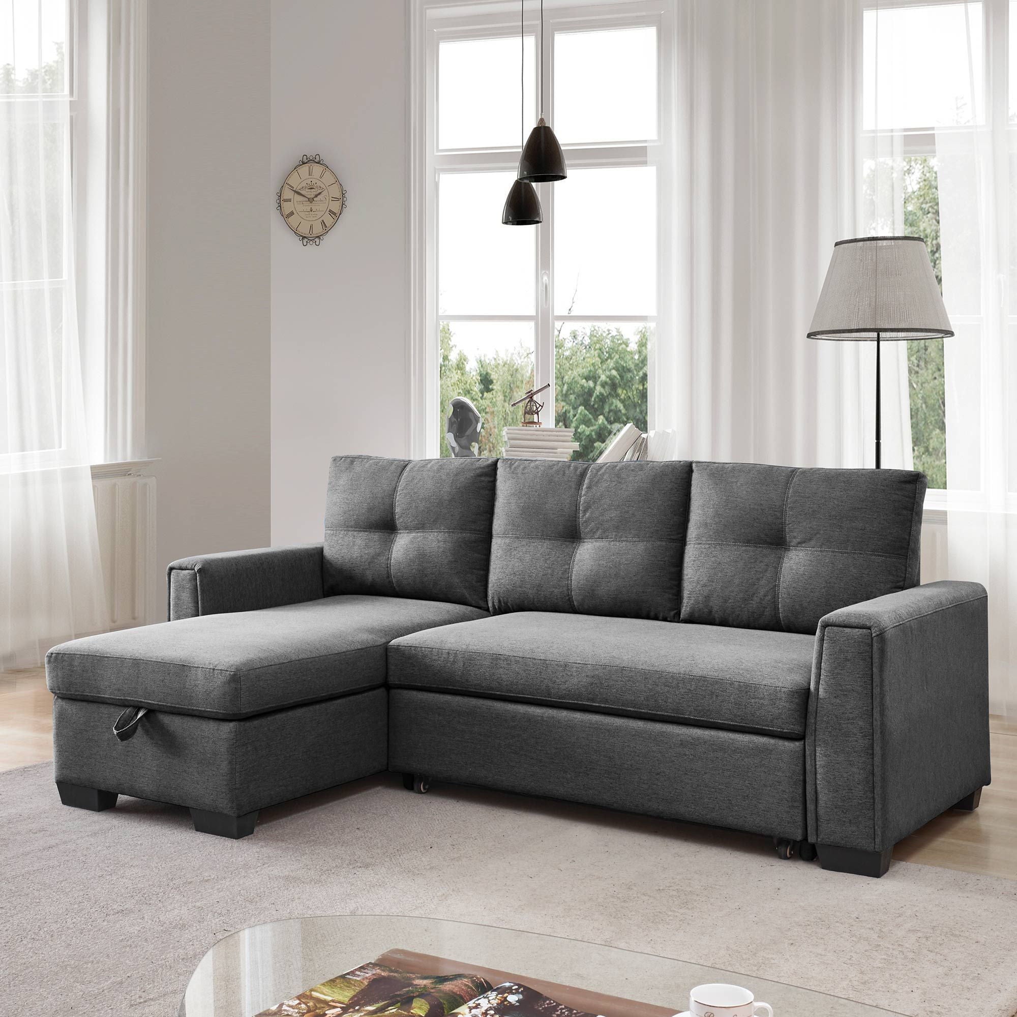 Polyester Blend Convertible Futon Sleeper Sofa With Black Legs - Dark Gray