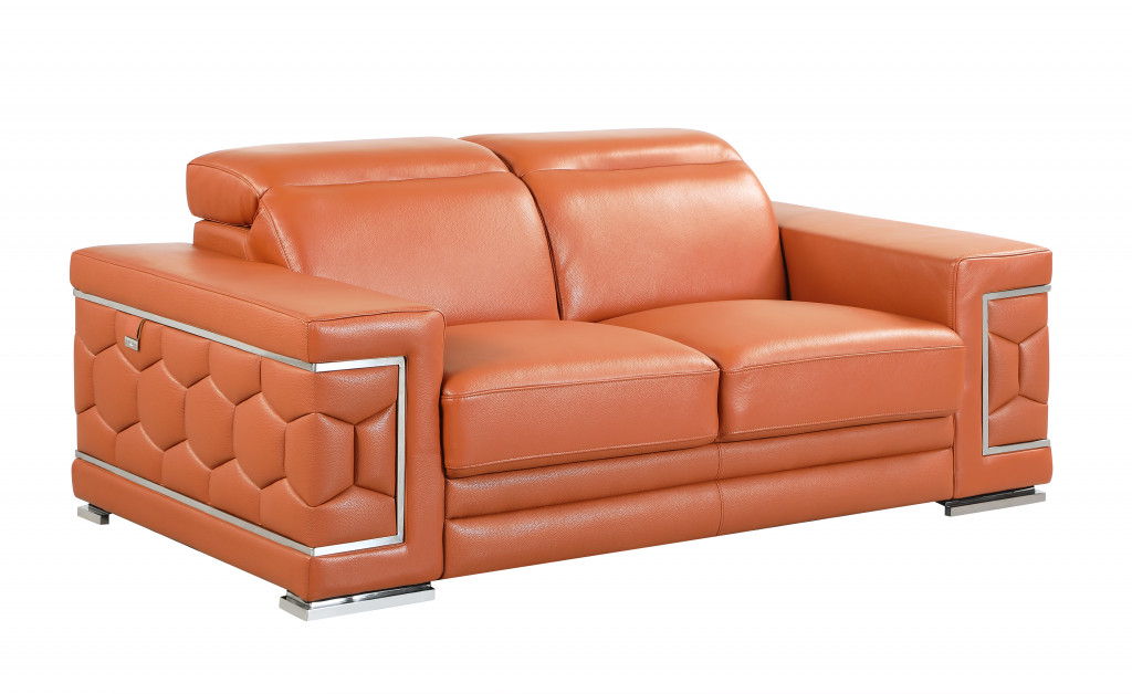 Genuine Leather Love Seat - Camel / Silver