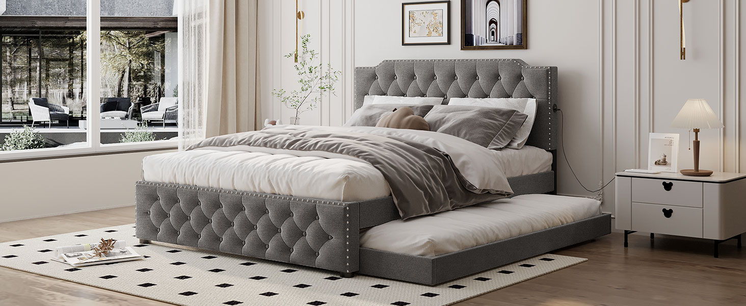 Upholstered Platform Bed With Twin Size Trundle And 2 Sets Of USB Ports On Each Side, Linen Fabric