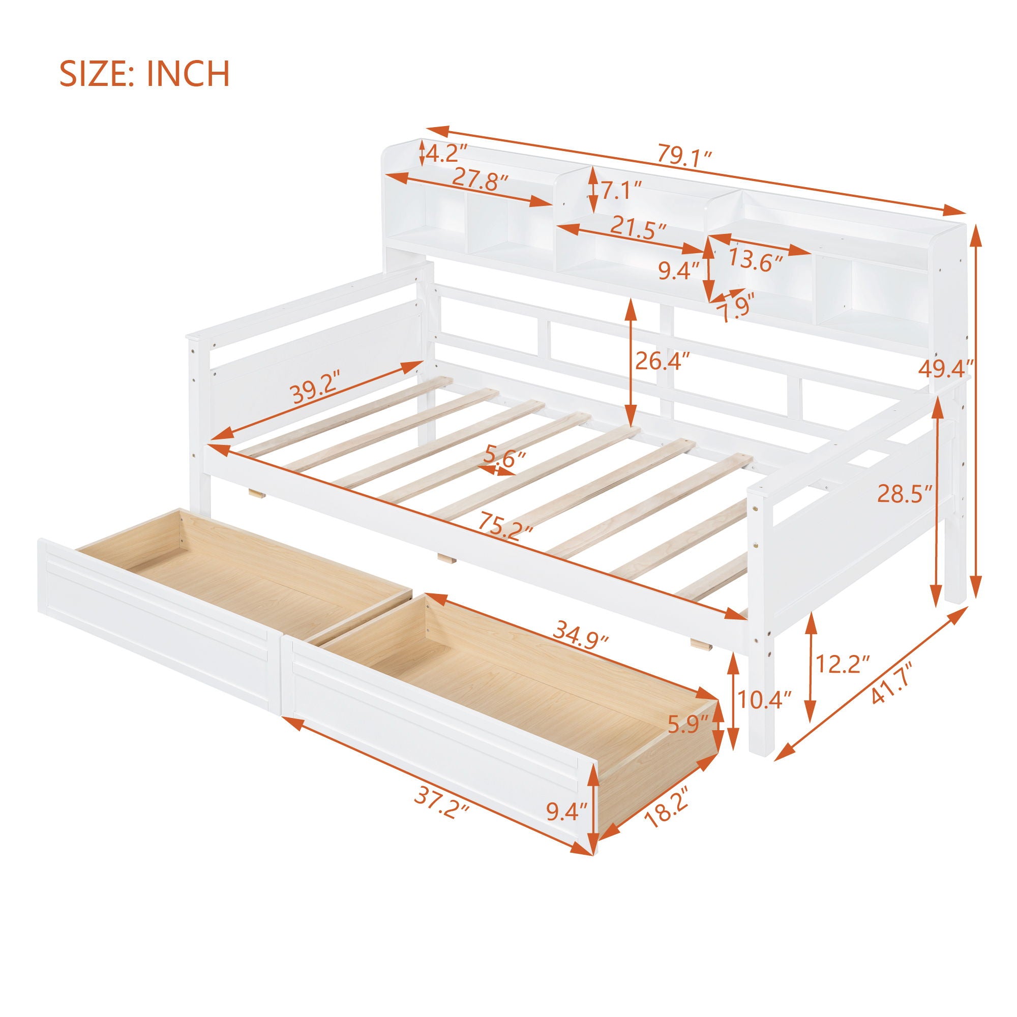 Daybed, Wood Slat Support, With Bedside Shelves And Two Drawers