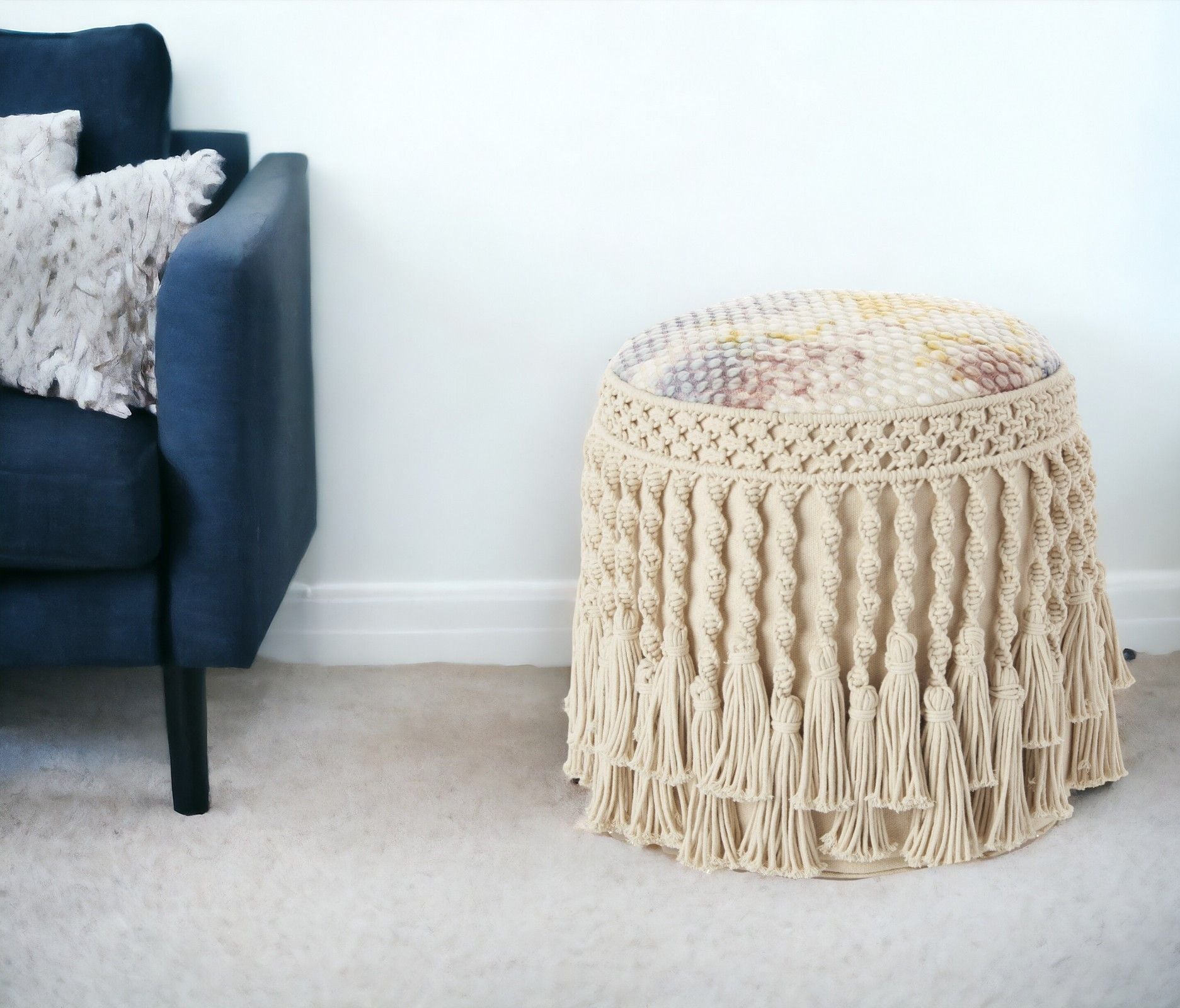 Cotton Round Abstract Pouf Ottoman - Ivory / Blue