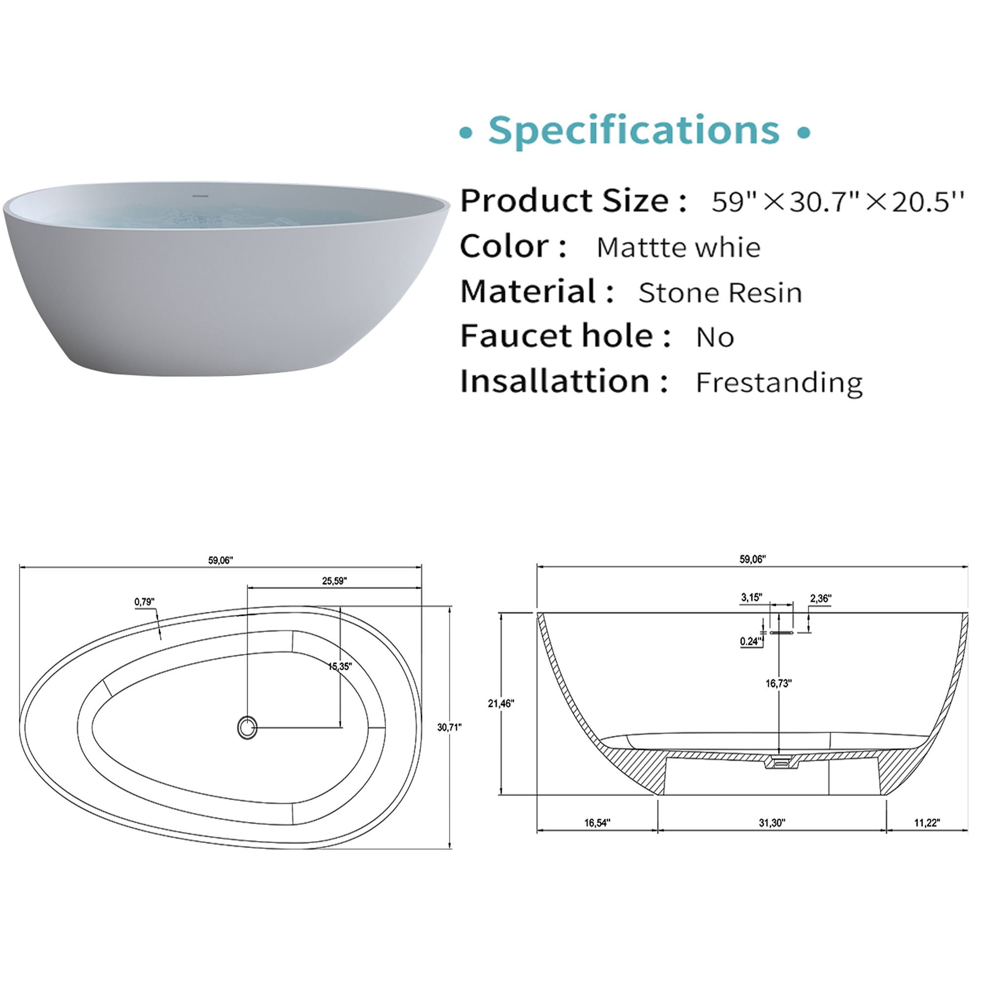 Solid Surface Matte Tub, Freestanding Solid Surface Resin Stone Bathtub, Solid Surface Matte White Soaking Tub, Free Standing Tub With Overflow And Pop-Up Drain - Matte White