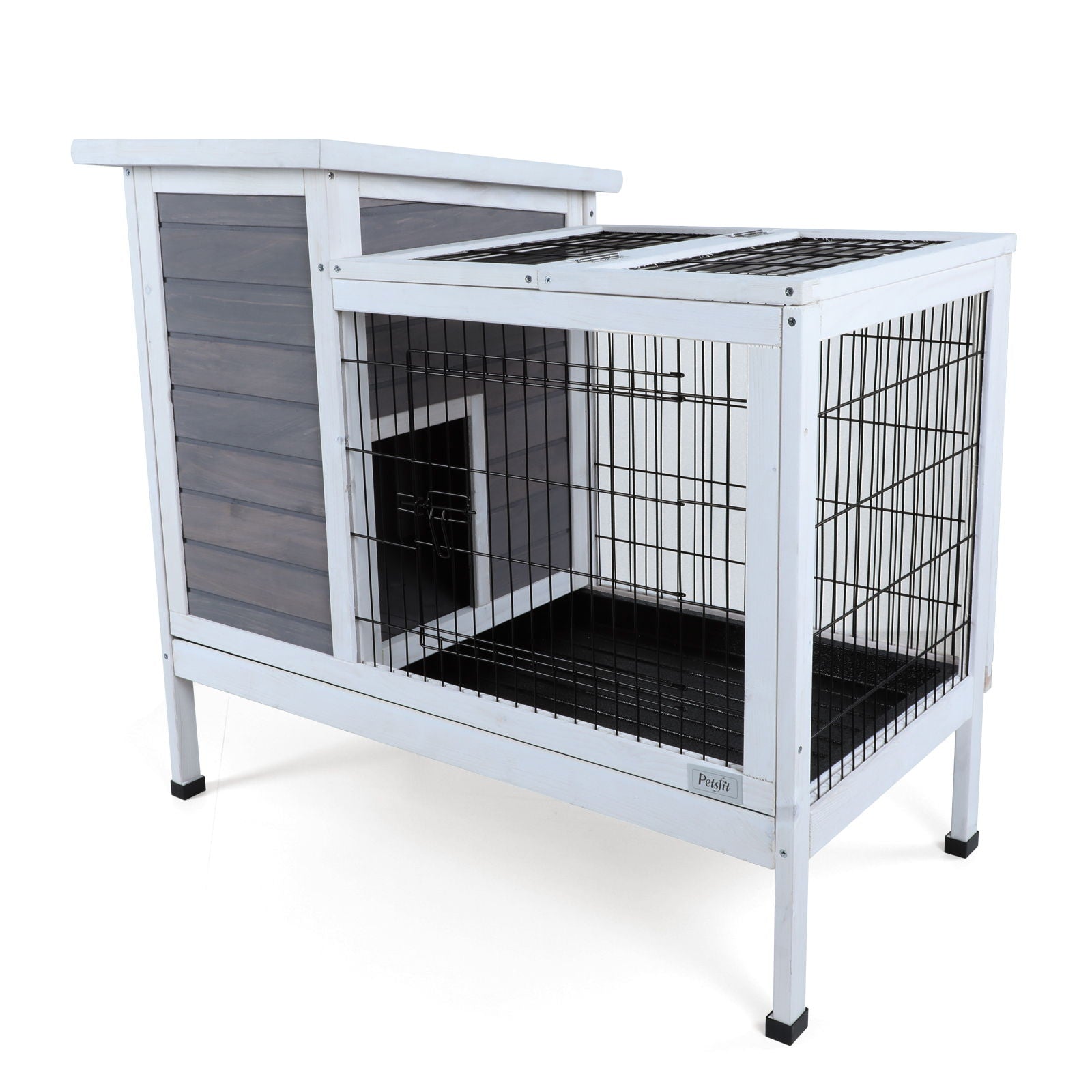 Two Tier Wooden Indoor / Outdoor Rabbit Cage For Small Animals With Runway And Leak-Proof Plastic Tray