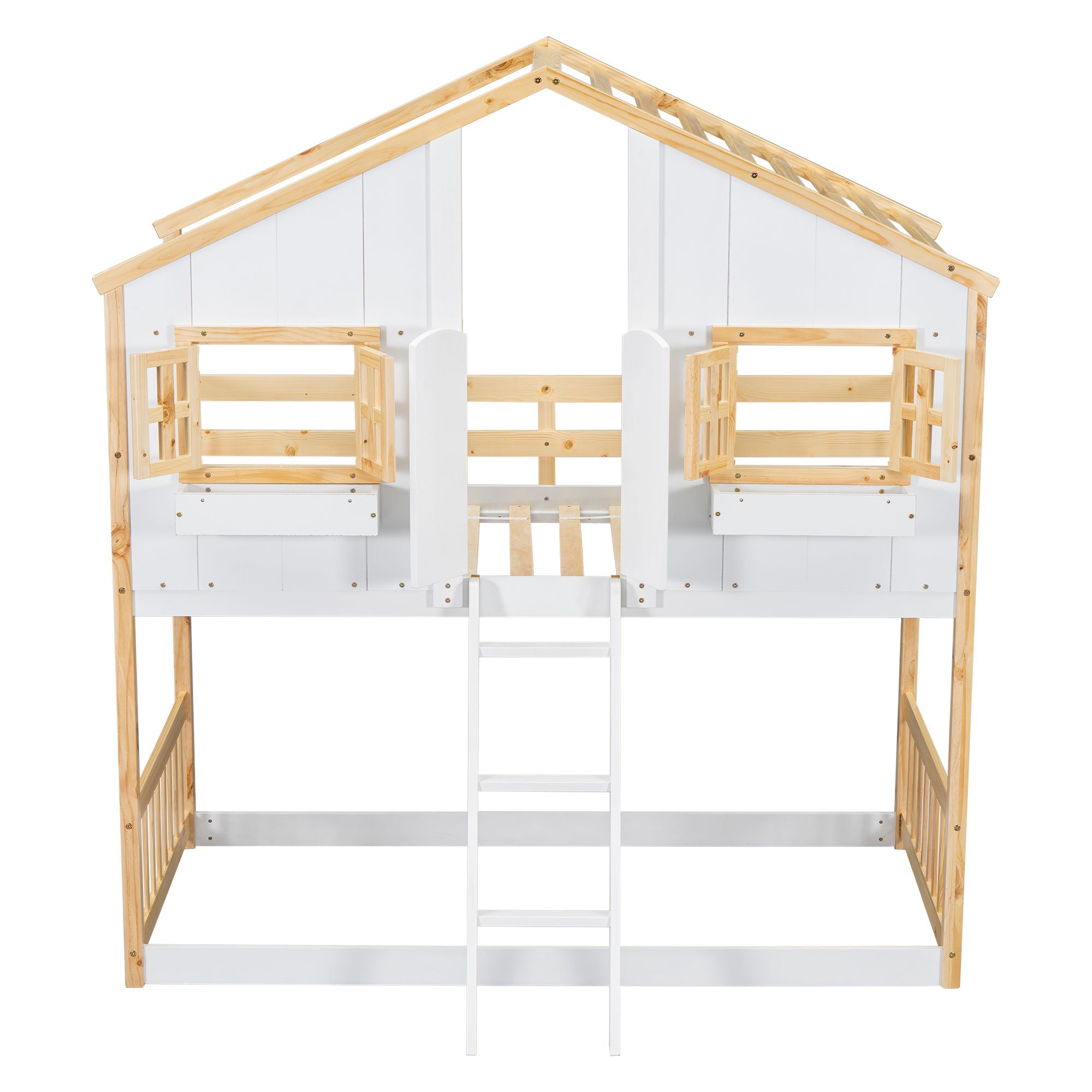 House Bunk Bed With Roof, Window, Window Box, Door, With Safety Guardrails And Ladder